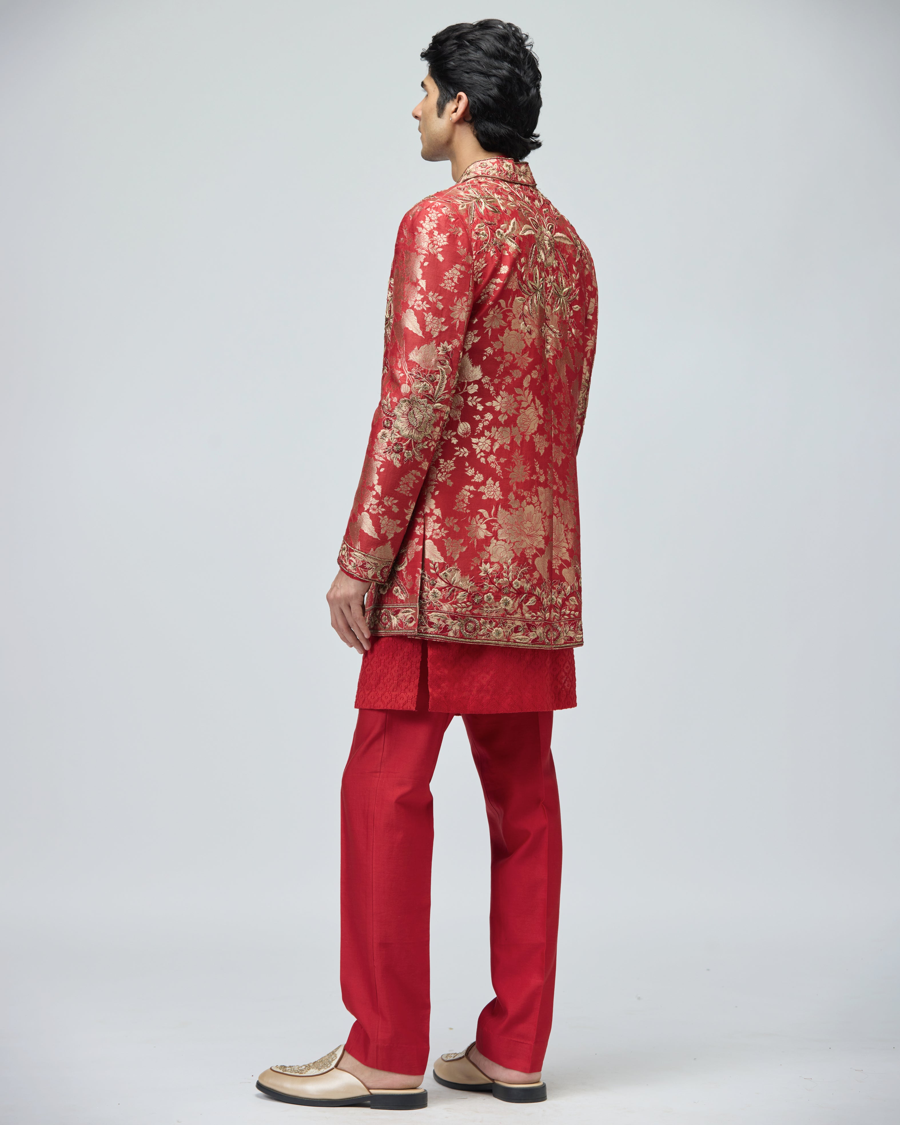 RED BROCADE SHERWANI SET