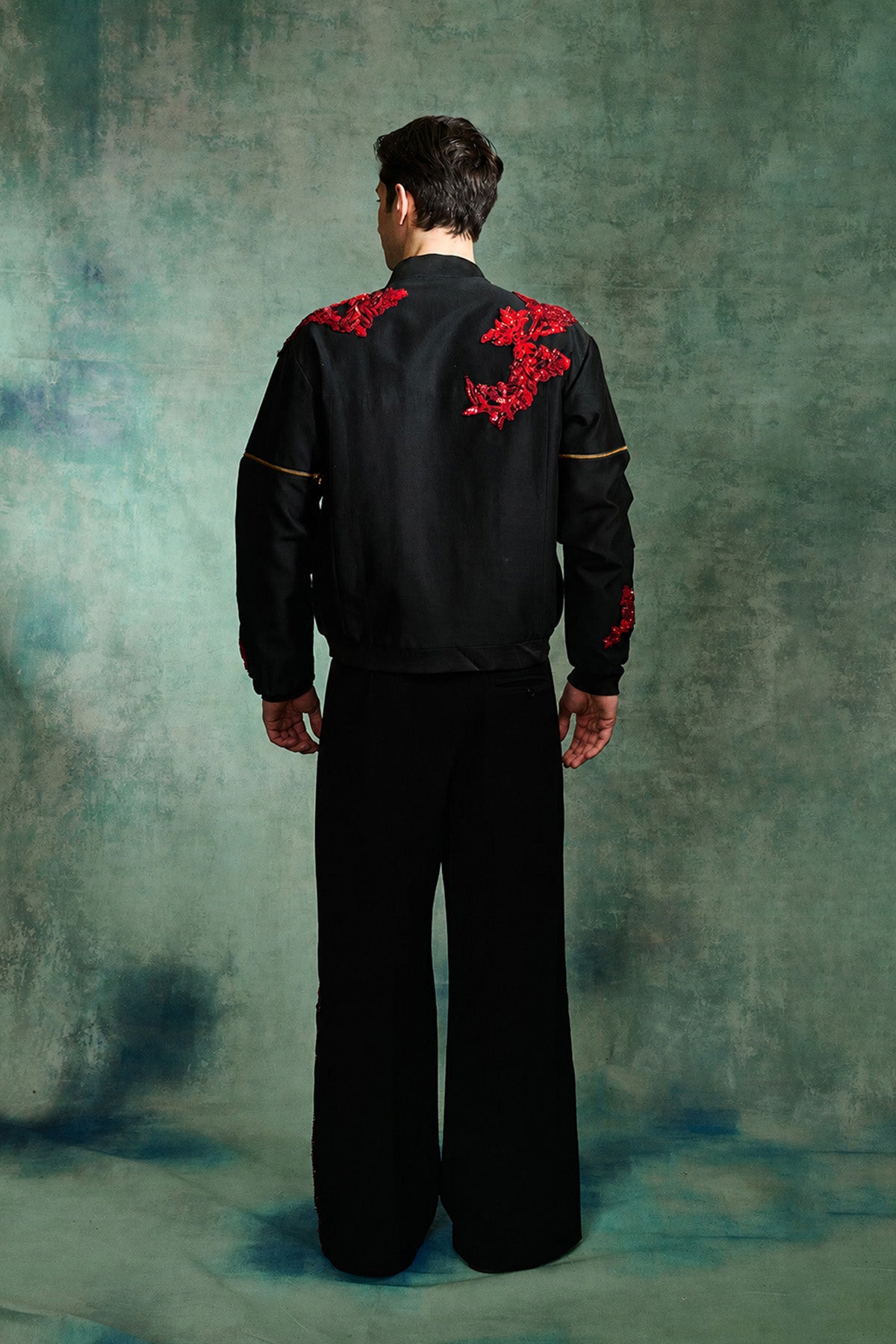 BLACK CHANDERI SILK BOMBER JACKET