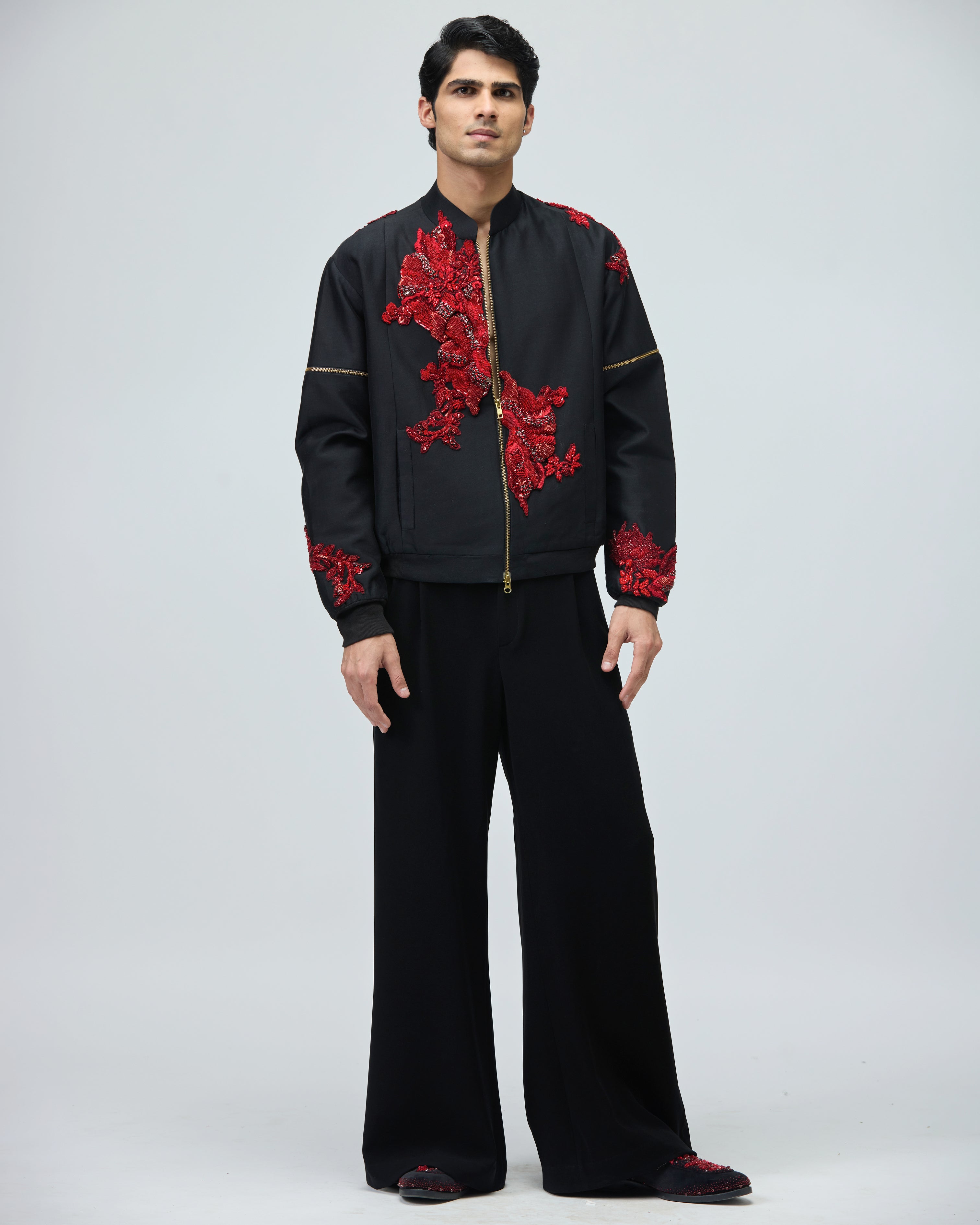 BLACK CHANDERI SILK BOMBER JACKET