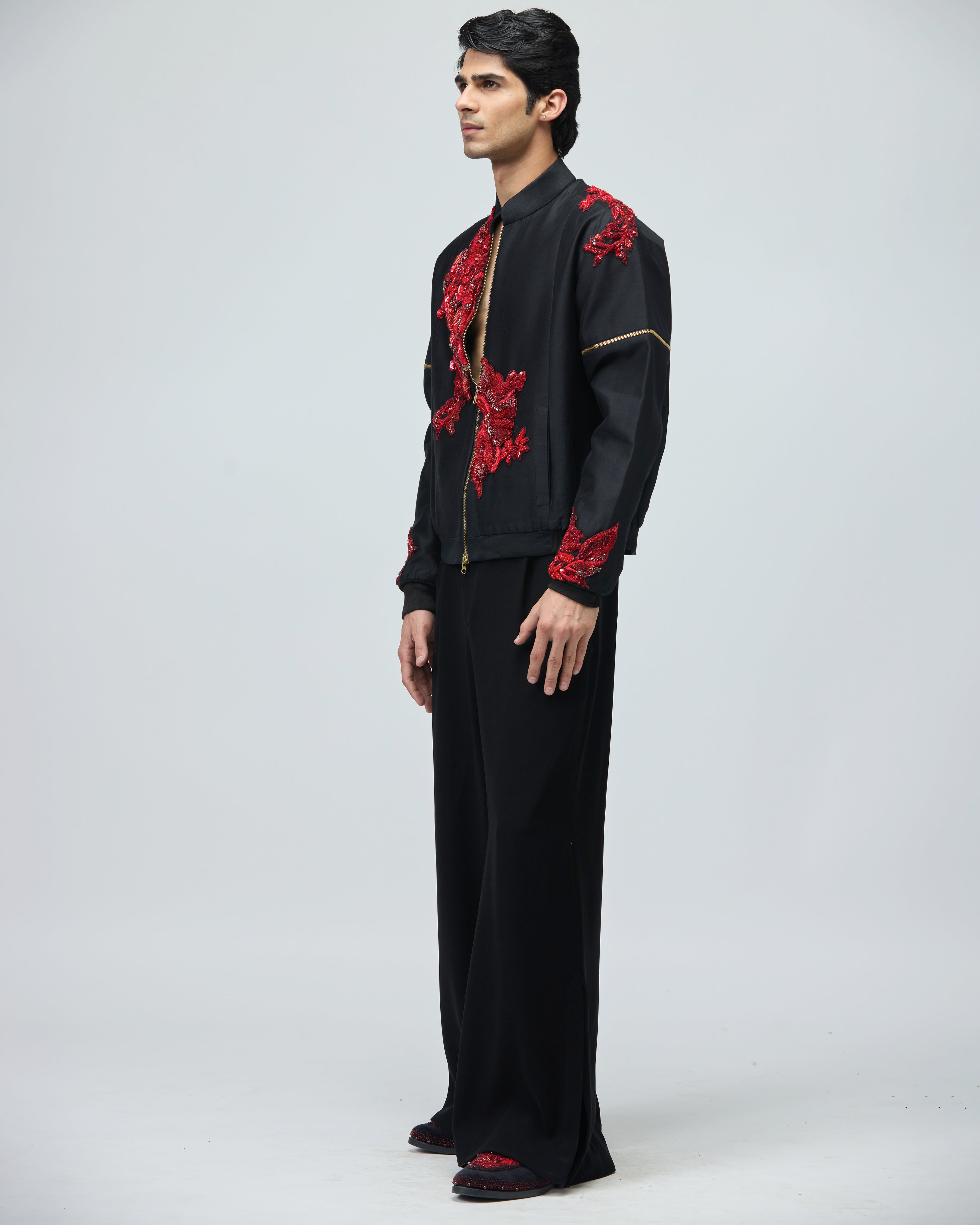 BLACK CHANDERI SILK BOMBER JACKET