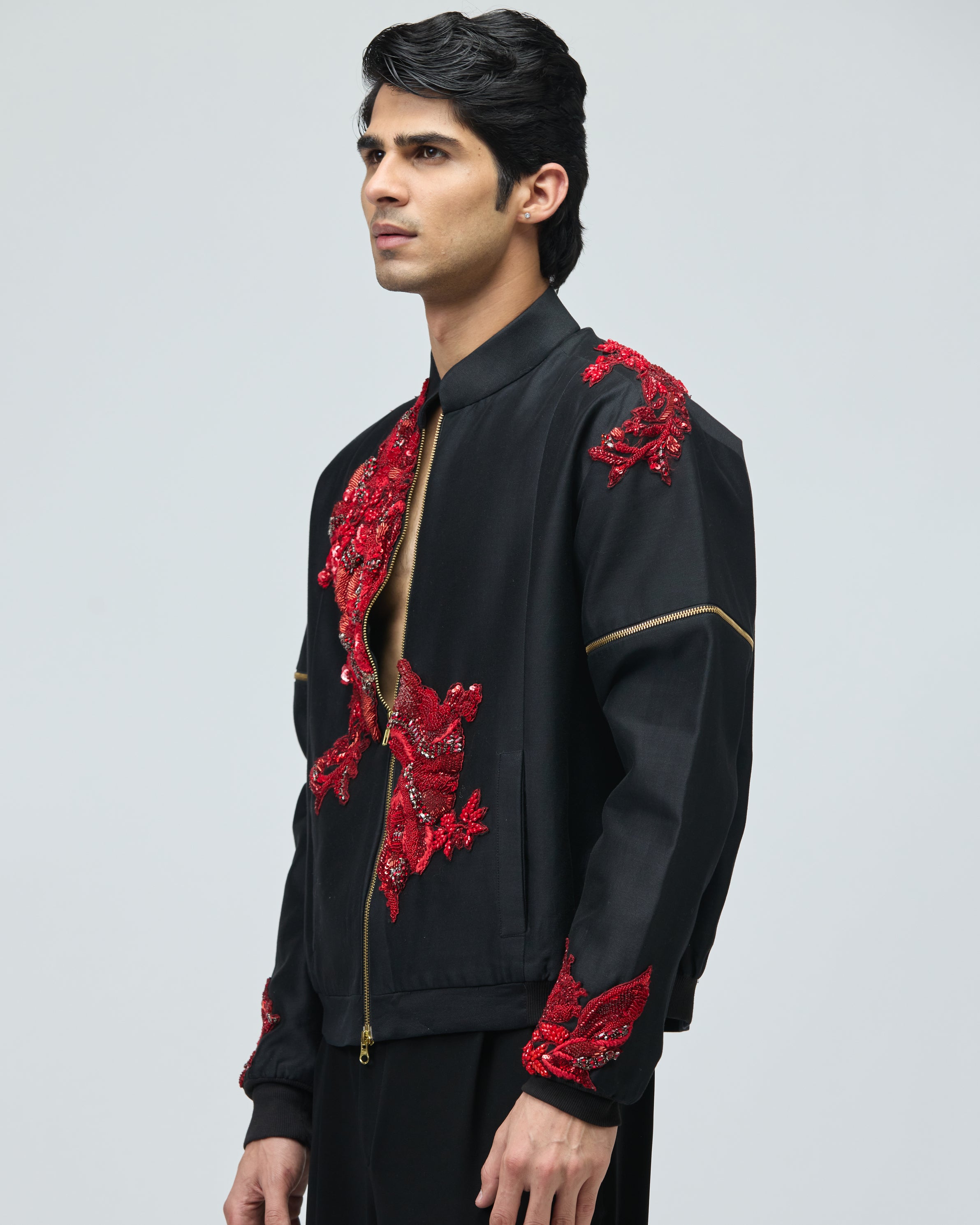 BLACK CHANDERI SILK BOMBER JACKET