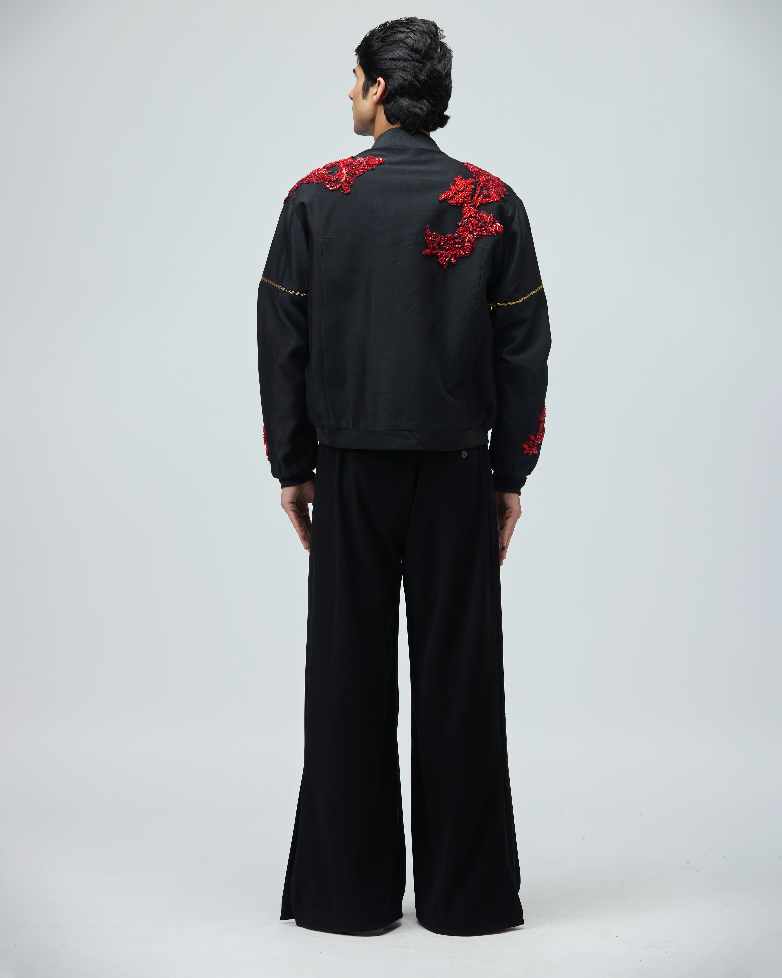 BLACK CHANDERI SILK BOMBER JACKET