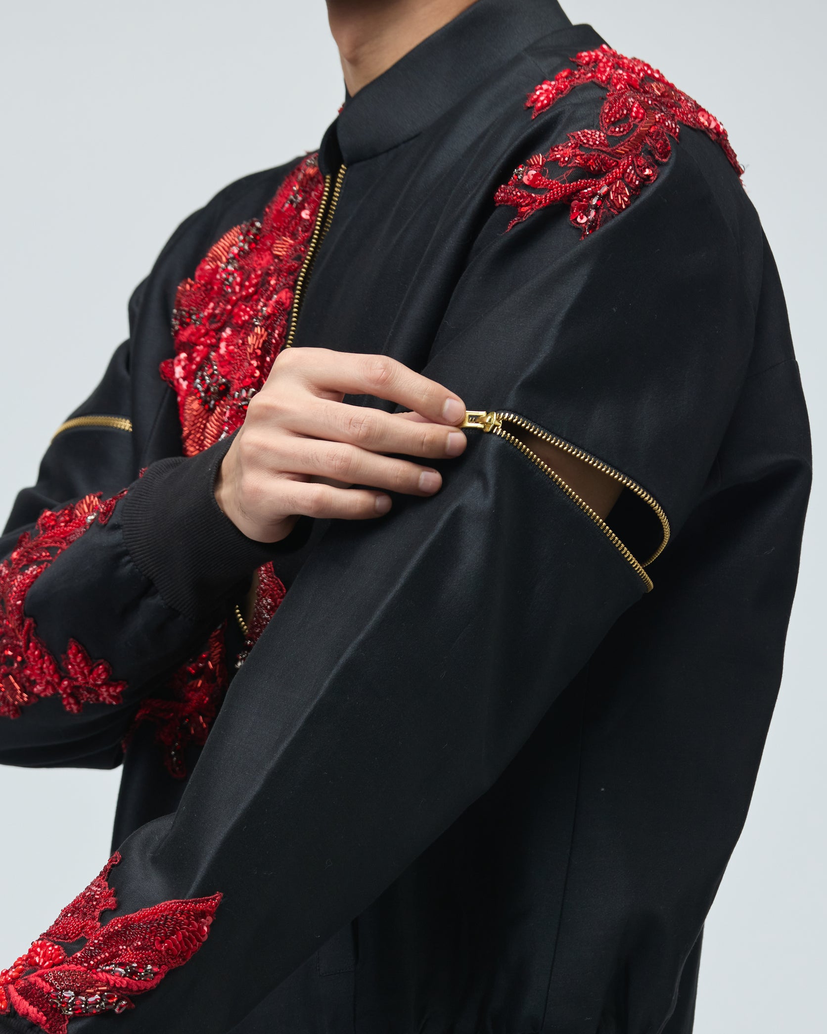 BLACK CHANDERI SILK BOMBER JACKET