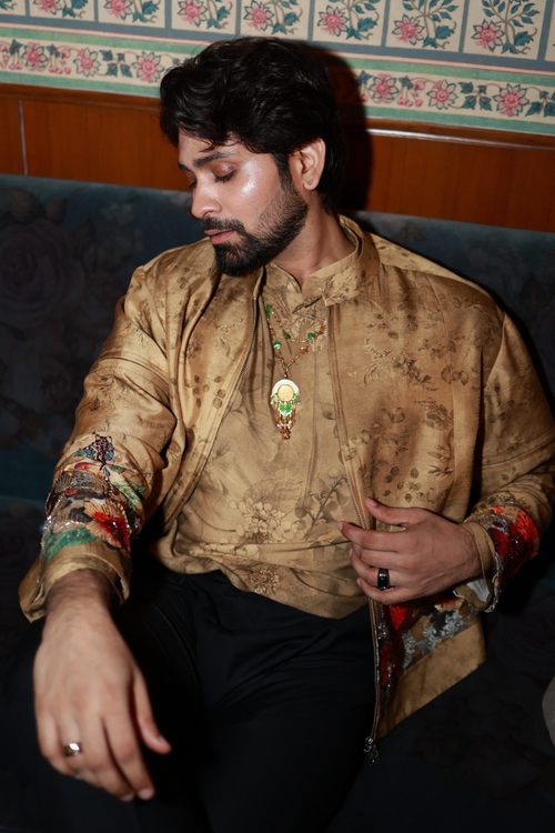 ANKUSH BAHUGUNA IN BEIGE BOMBER JACKET SET