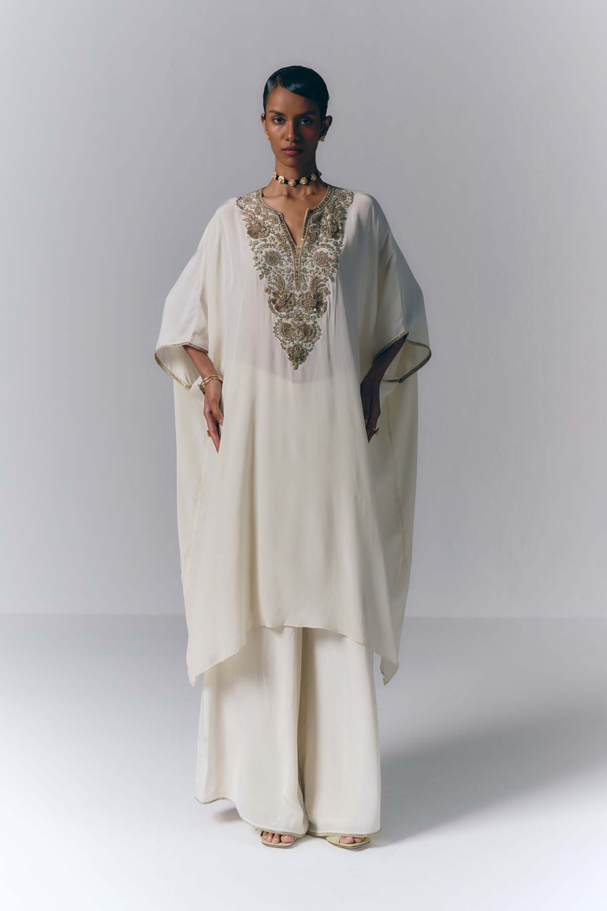 Ivory Embroidered Kaftan Set