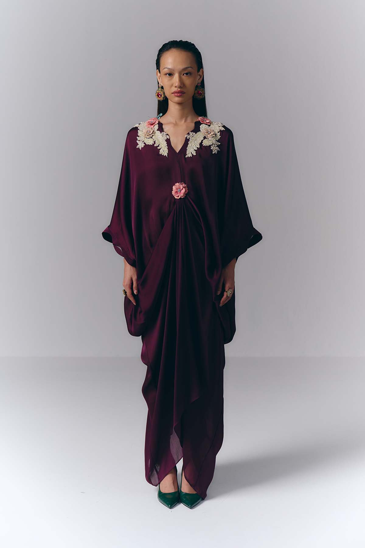 Pink Embroidered Draped Kaftan