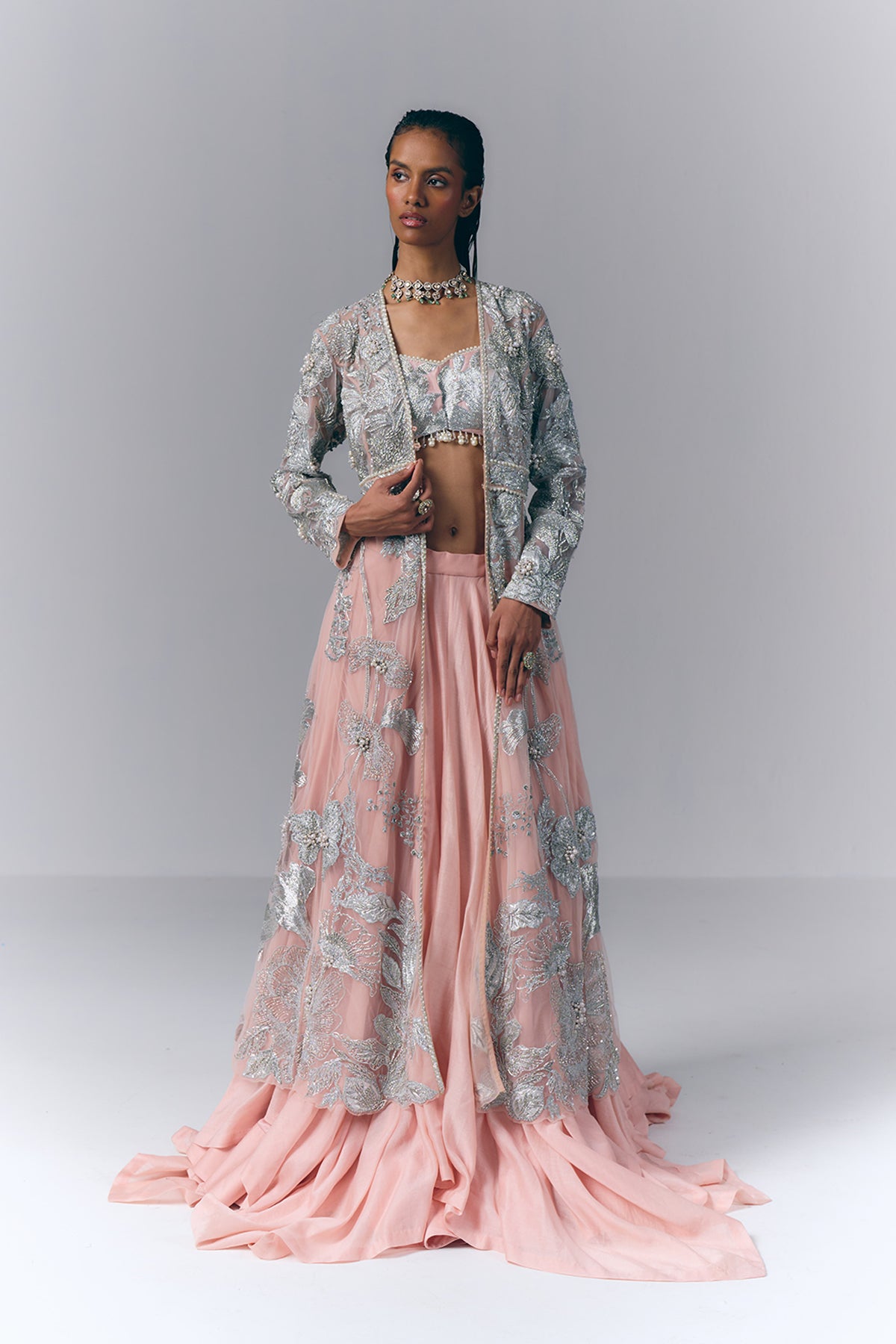 Peach Embellished Long Jacket Set
