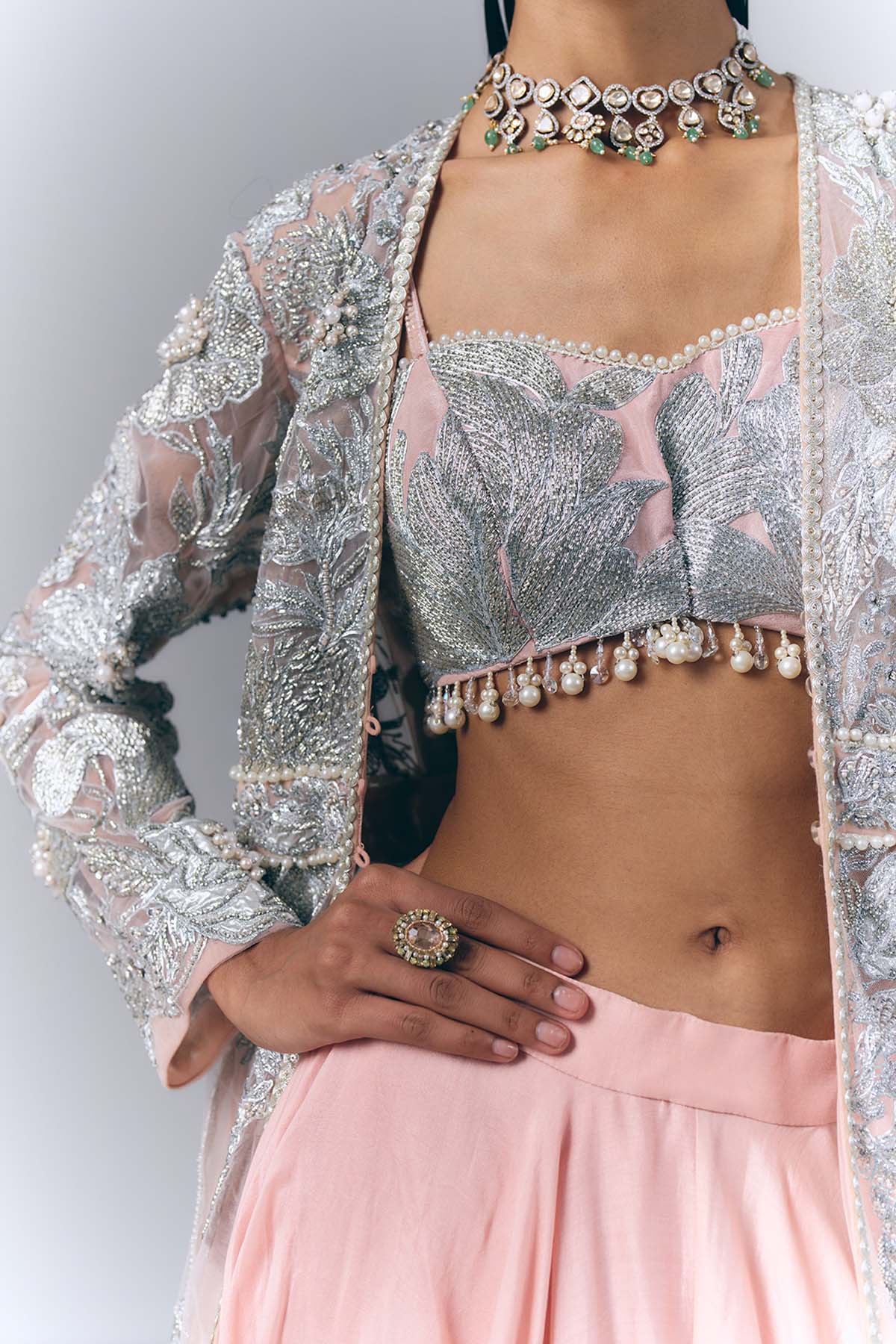 Peach Embellished Long Jacket Set