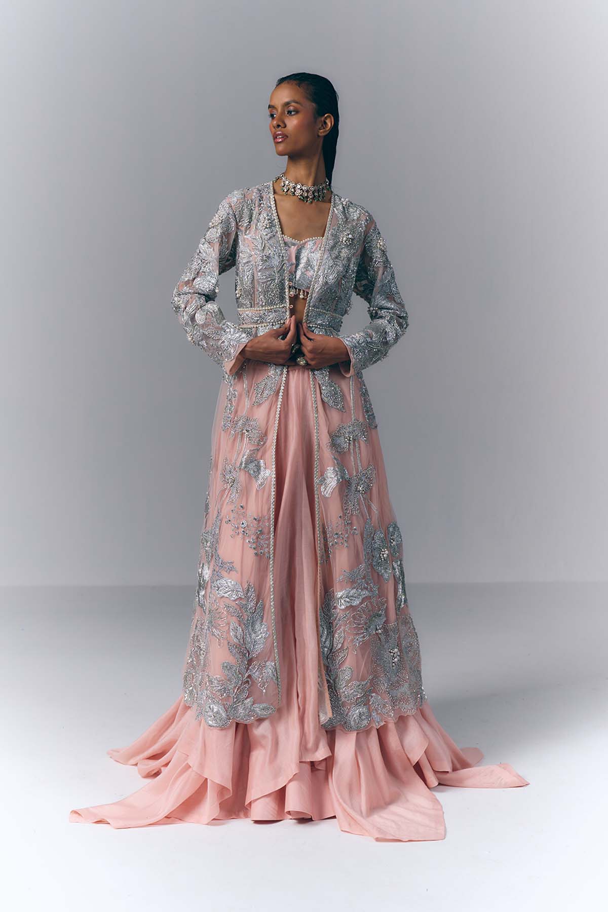 Peach Embellished Long Jacket Set