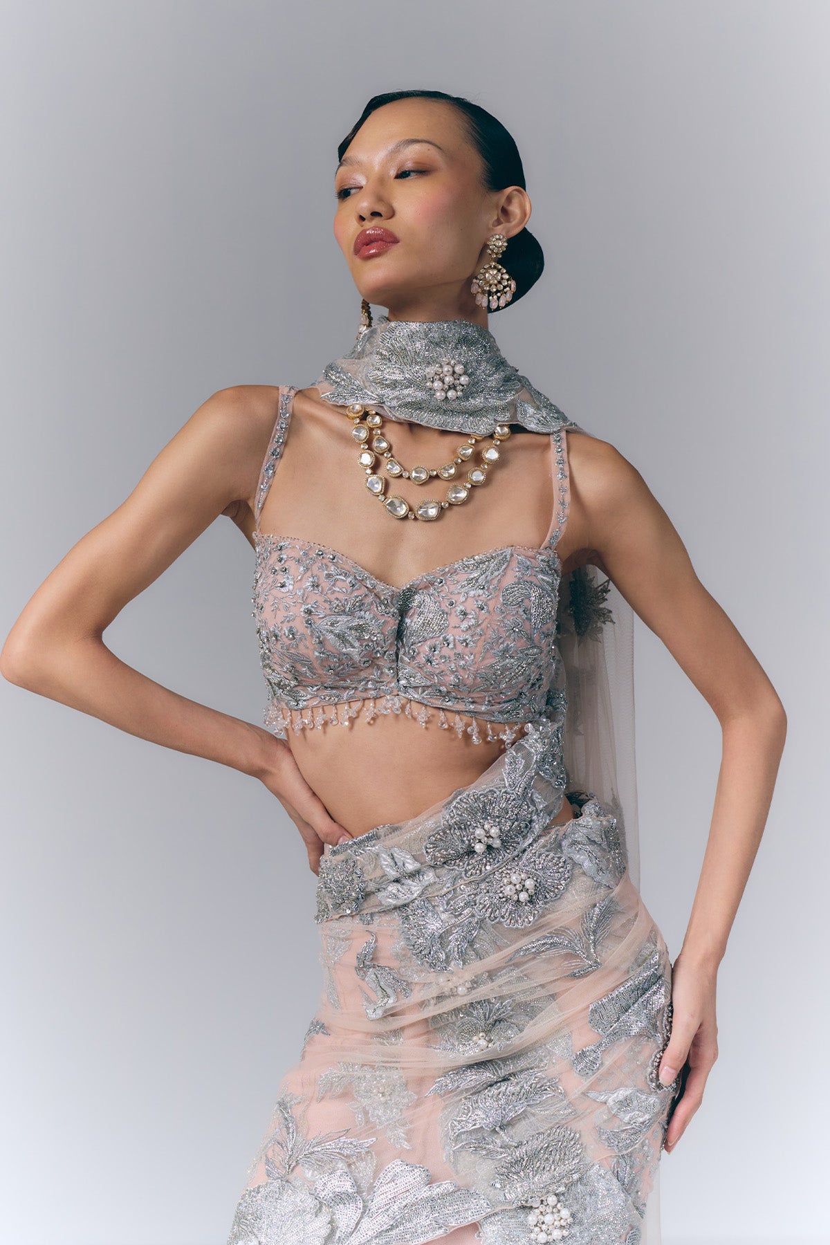 Noor Silver Drape Saree set