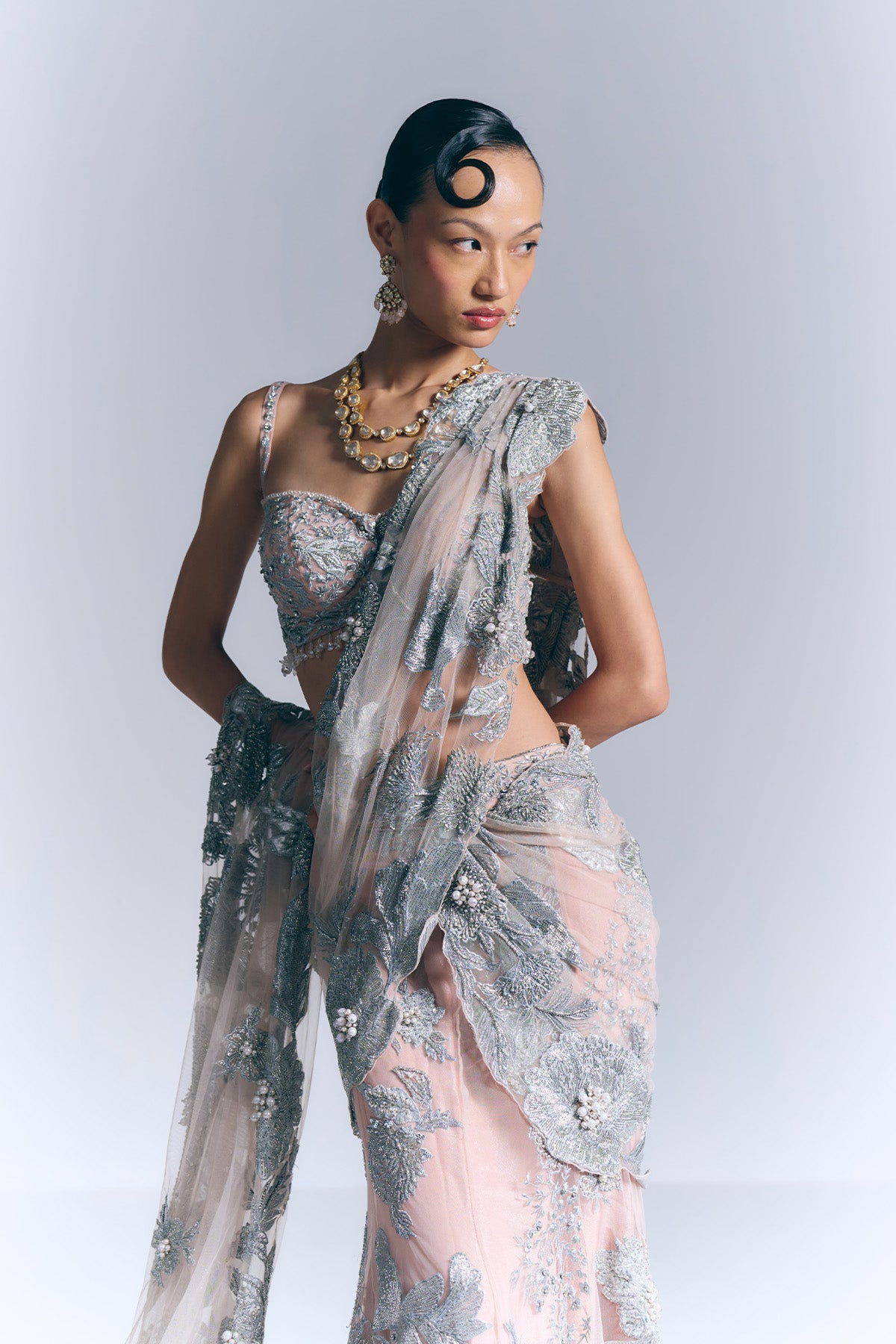 Noor Silver Drape Saree set
