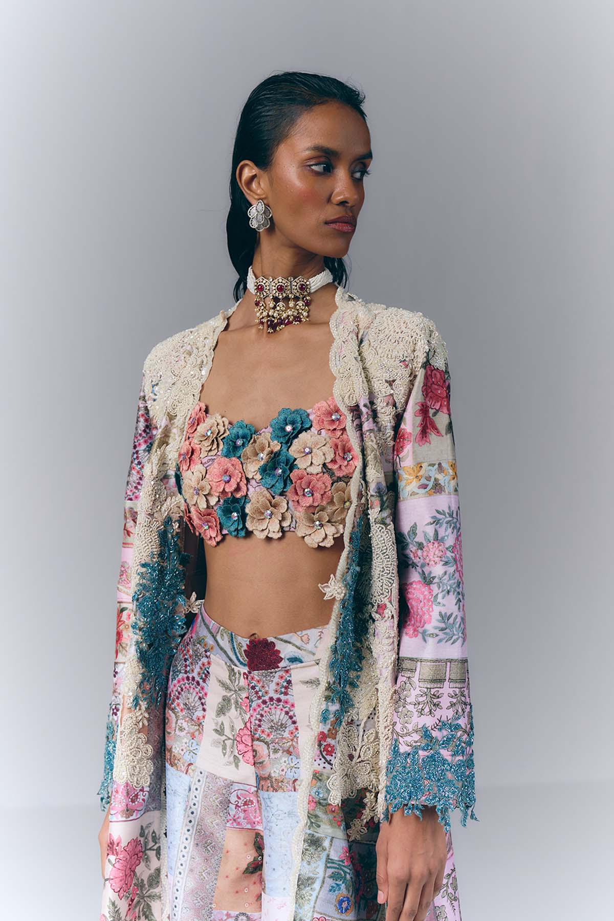 Patchwork Embellished Jacket Set