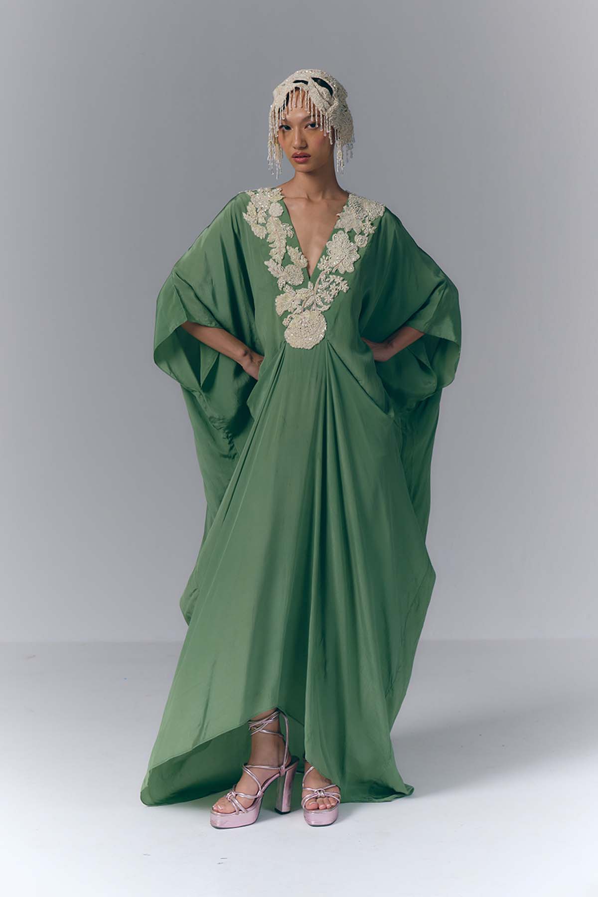 Sage Green Embroidered Draped Kaftan