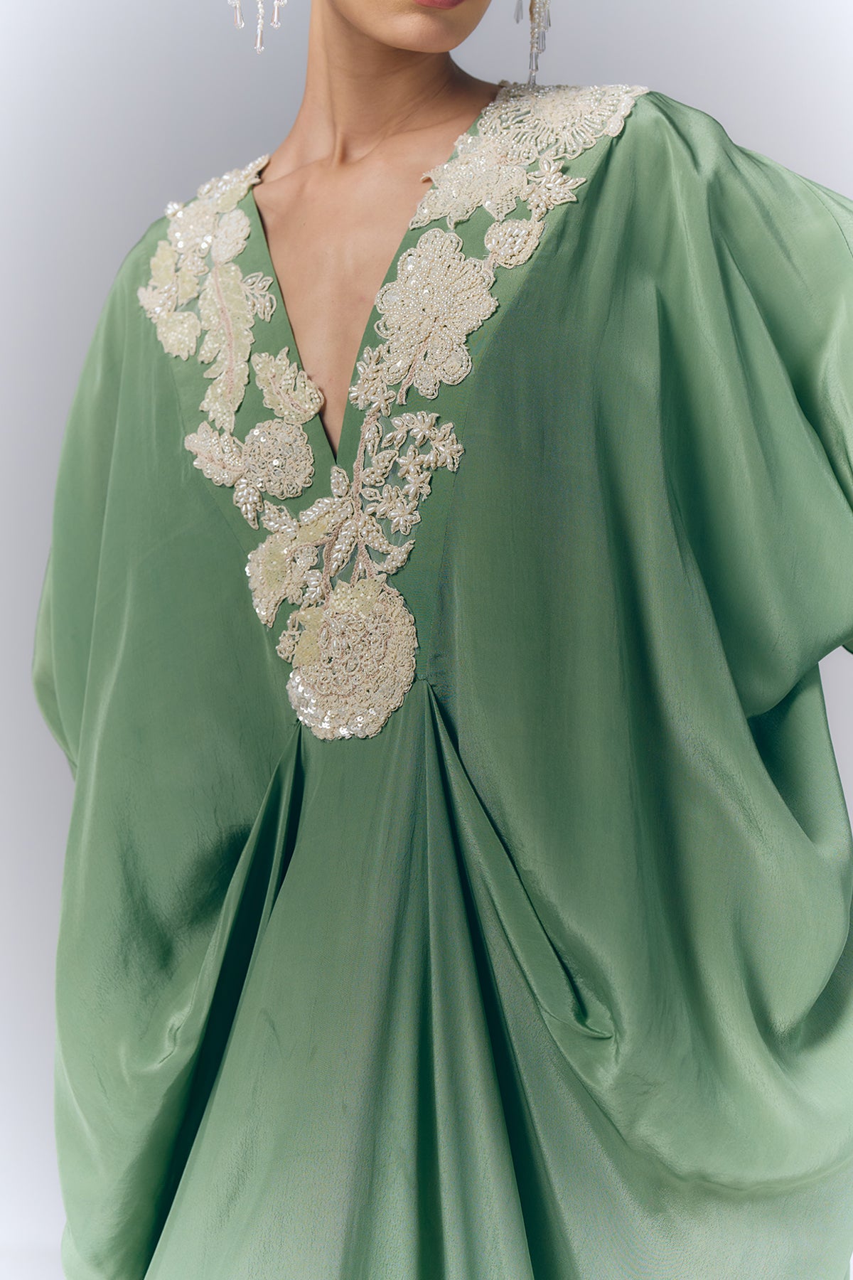 Sage Green Embroidered Draped Kaftan