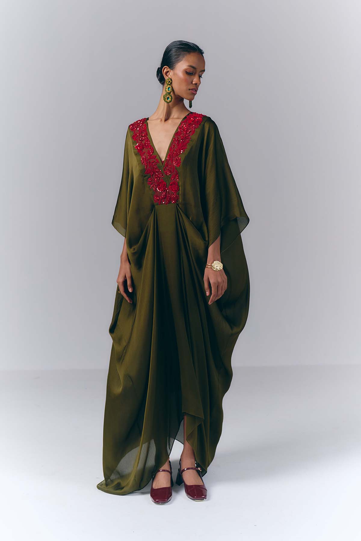 Green Embroidered Draped Kaftan