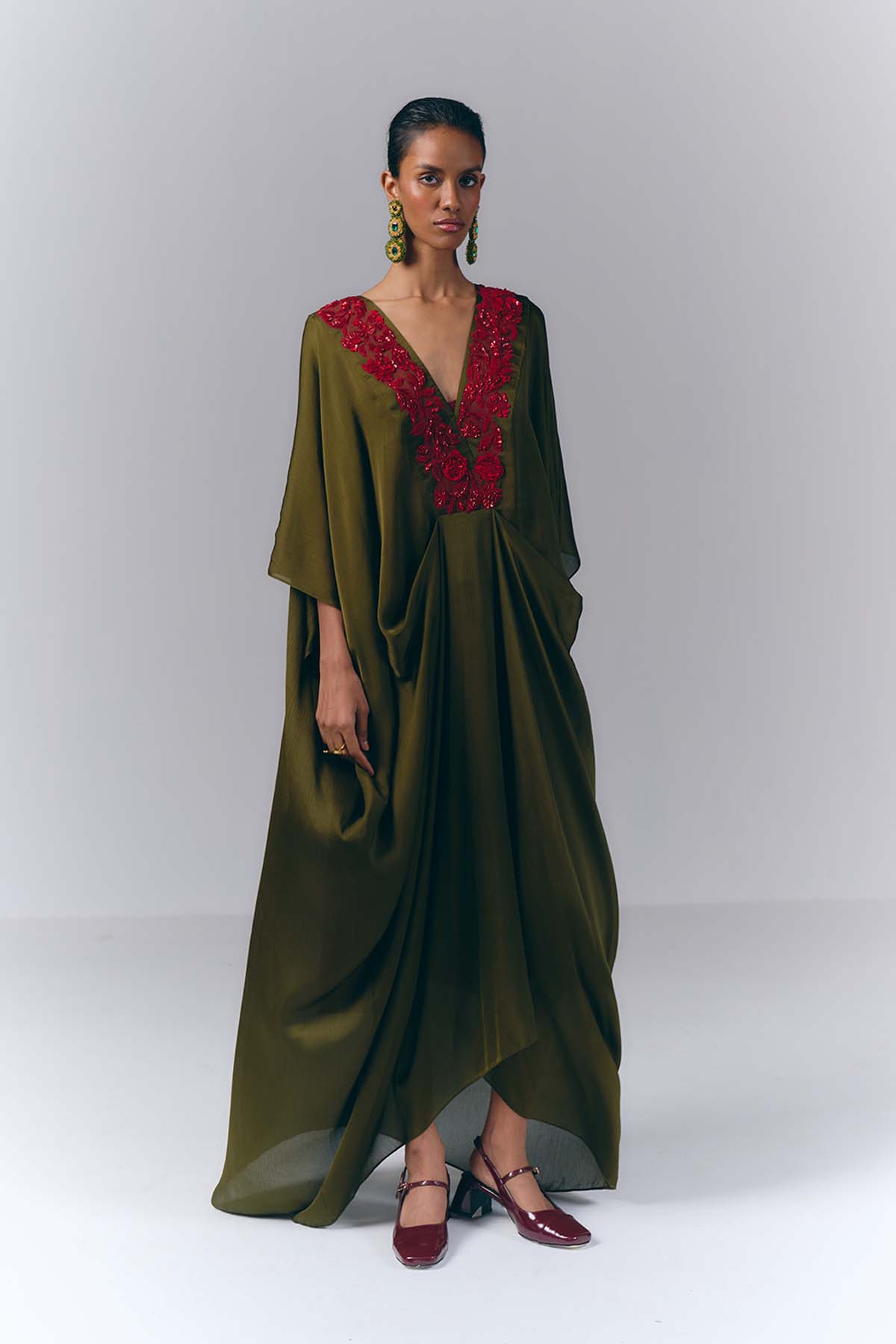 Green Embroidered Draped Kaftan