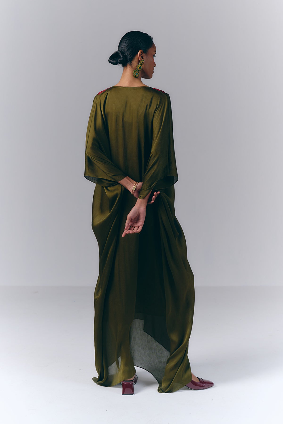 Green Embroidered Draped Kaftan