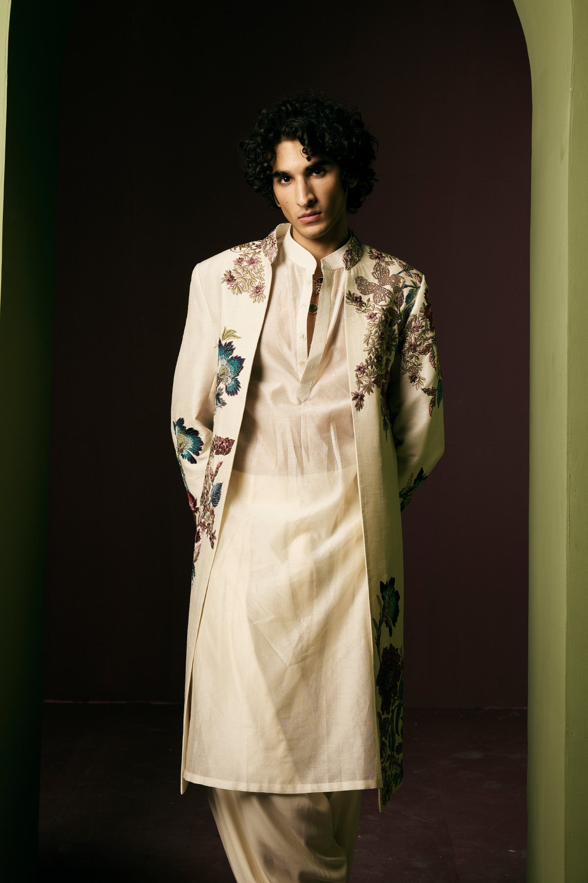 Ivory Embroidered Sherwani  Set