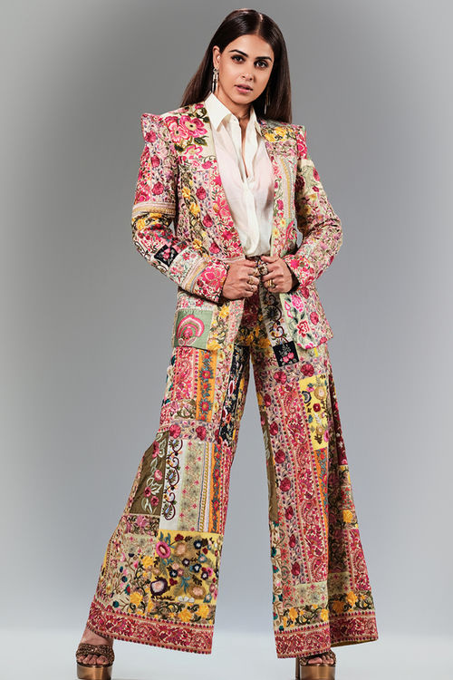 Genelia In Upcycled Multi Patchwork Power Shoulder Suit