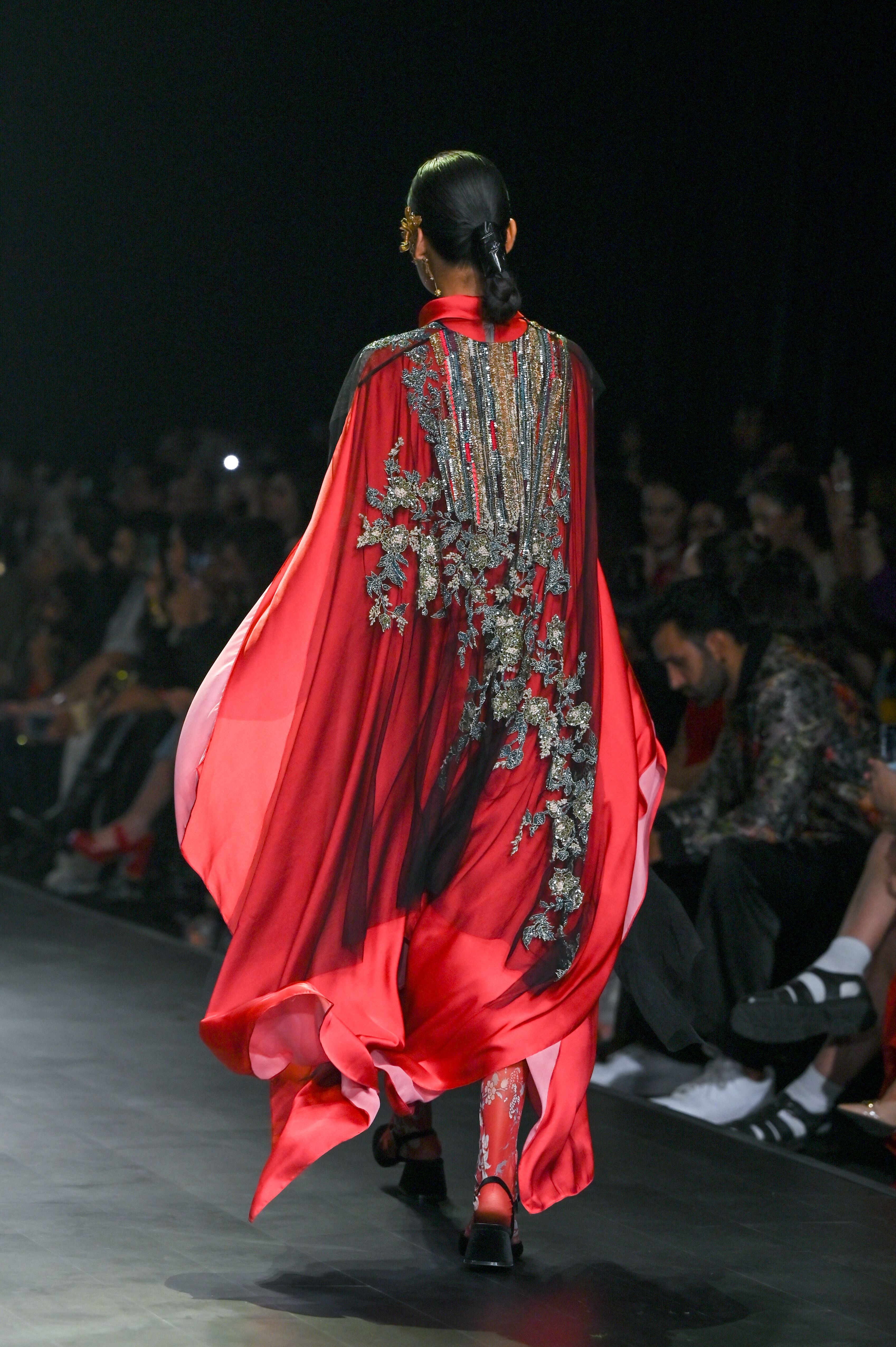 RED PRINTED DRESS WITH BLACK CAPE SET