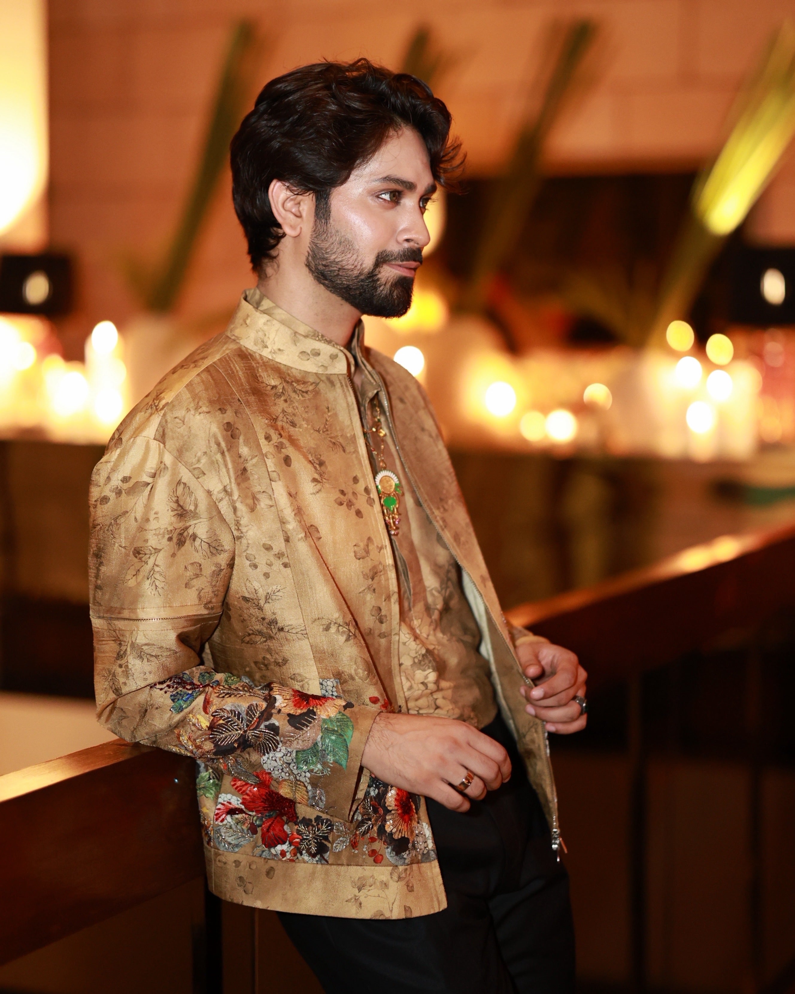 ANKUSH BAHUGUNA IN BEIGE BOMBER JACKET SET