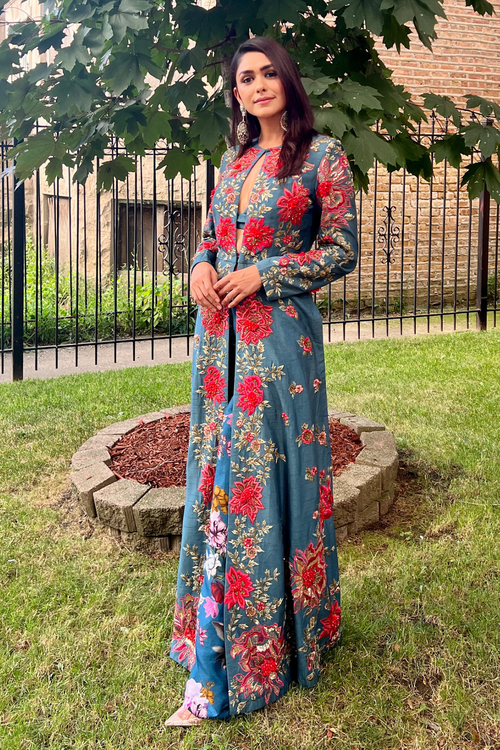 Mrunal Thakur In Midnight Blue Embroidered Anarkali With Bralette & Printed Trousers