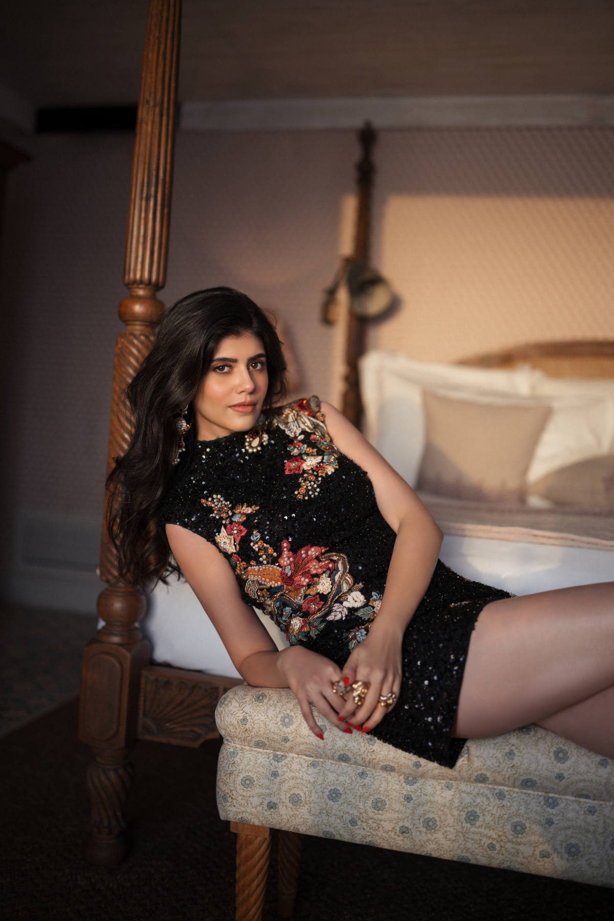 Sanjana Sanghi in Midnight Bloom Sequin Mini Dress