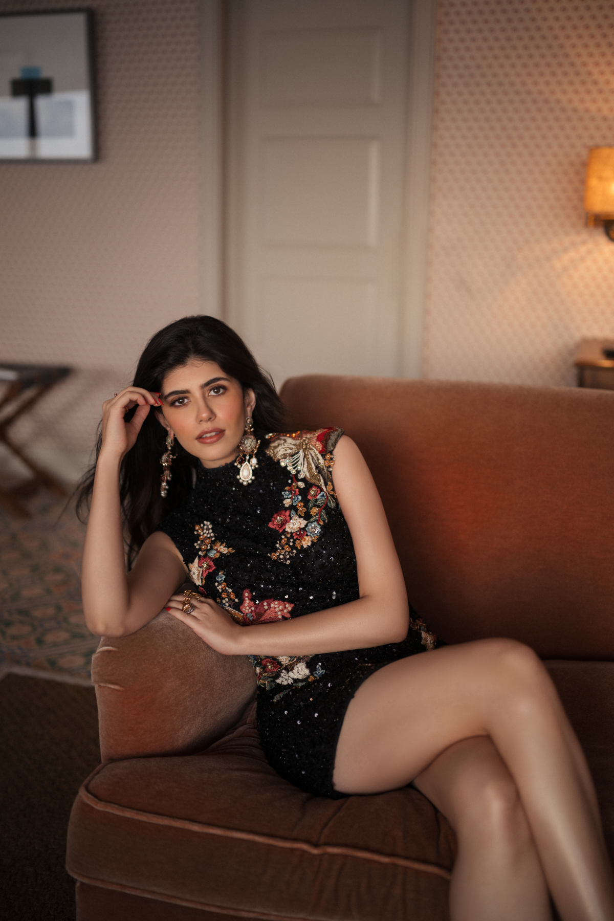 Sanjana Sanghi in Midnight Bloom Sequin Mini Dress