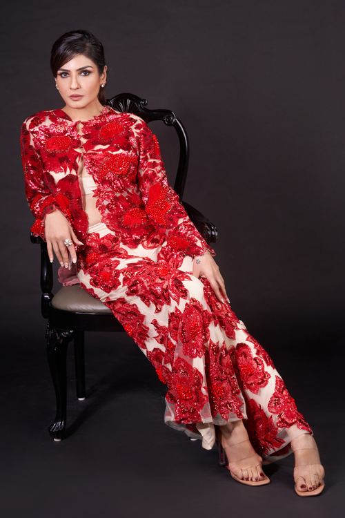 Raveena Tandon In Red Embroidered Jacket And Trousers Set
