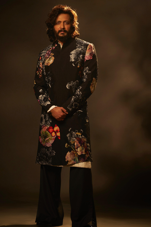 Ritesh In Black Printed Sherwani Set
