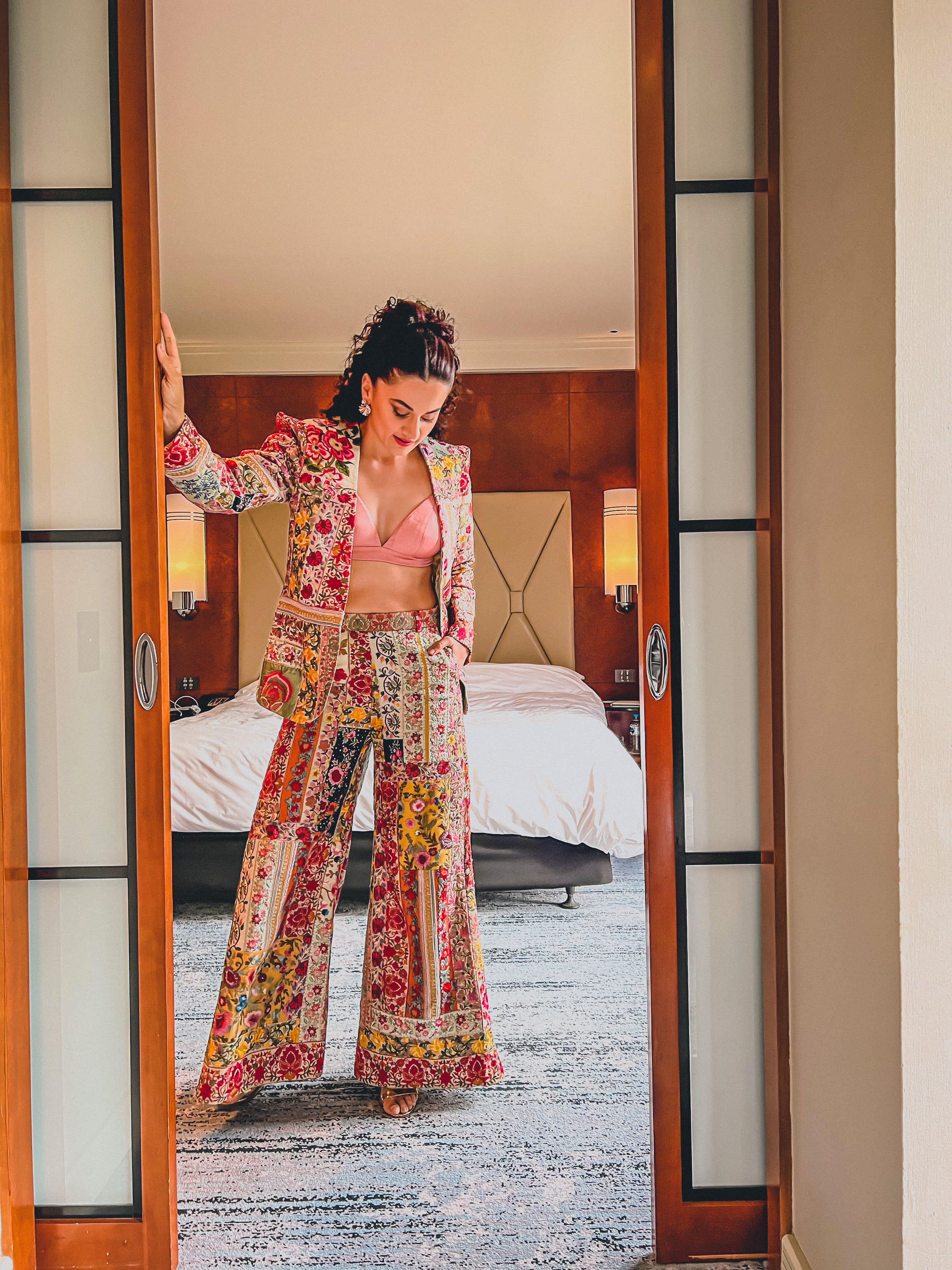 TAAPSEE PANU IN UPCYCLED MULTI PATCHWORK POWER SHOULDER SUIT