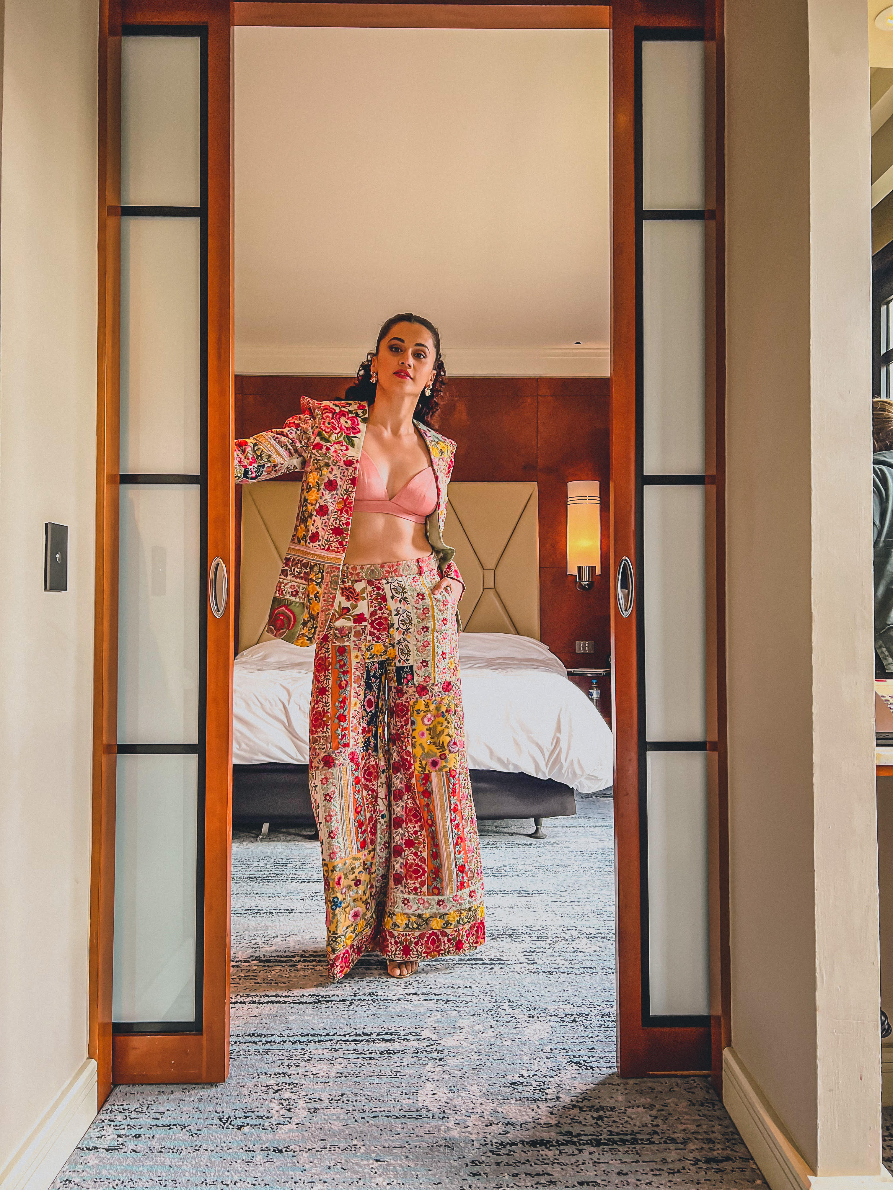 TAAPSEE PANU IN UPCYCLED MULTI PATCHWORK POWER SHOULDER SUIT