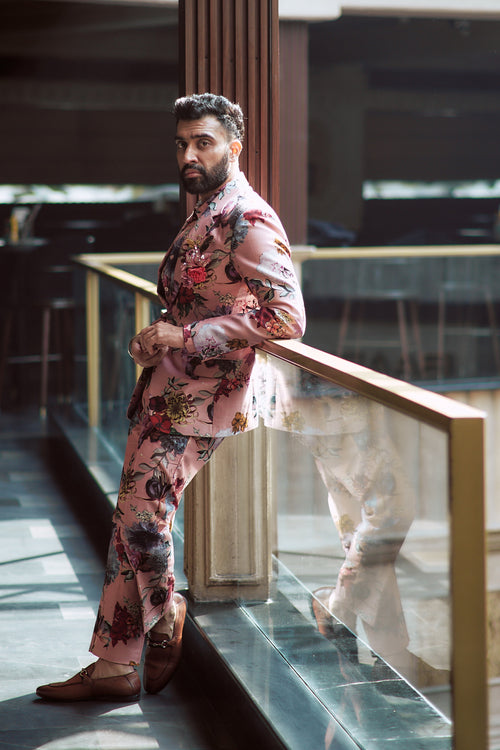 TEJASHWAR SANDHOO IN OLD ROSE PINK PRINTED TUXEDO