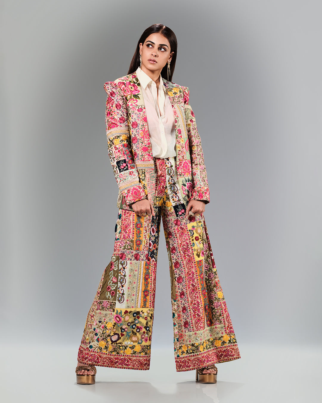 Genelia In Upcycled Multi Patchwork Power Shoulder Suit