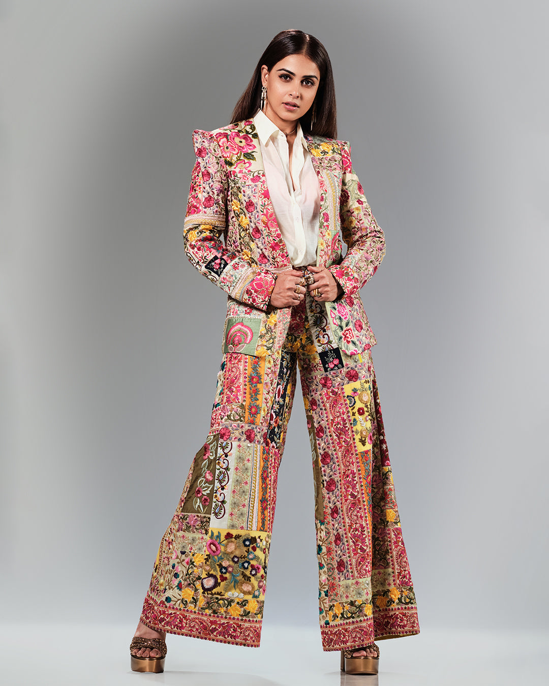 Genelia In Upcycled Multi Patchwork Power Shoulder Suit