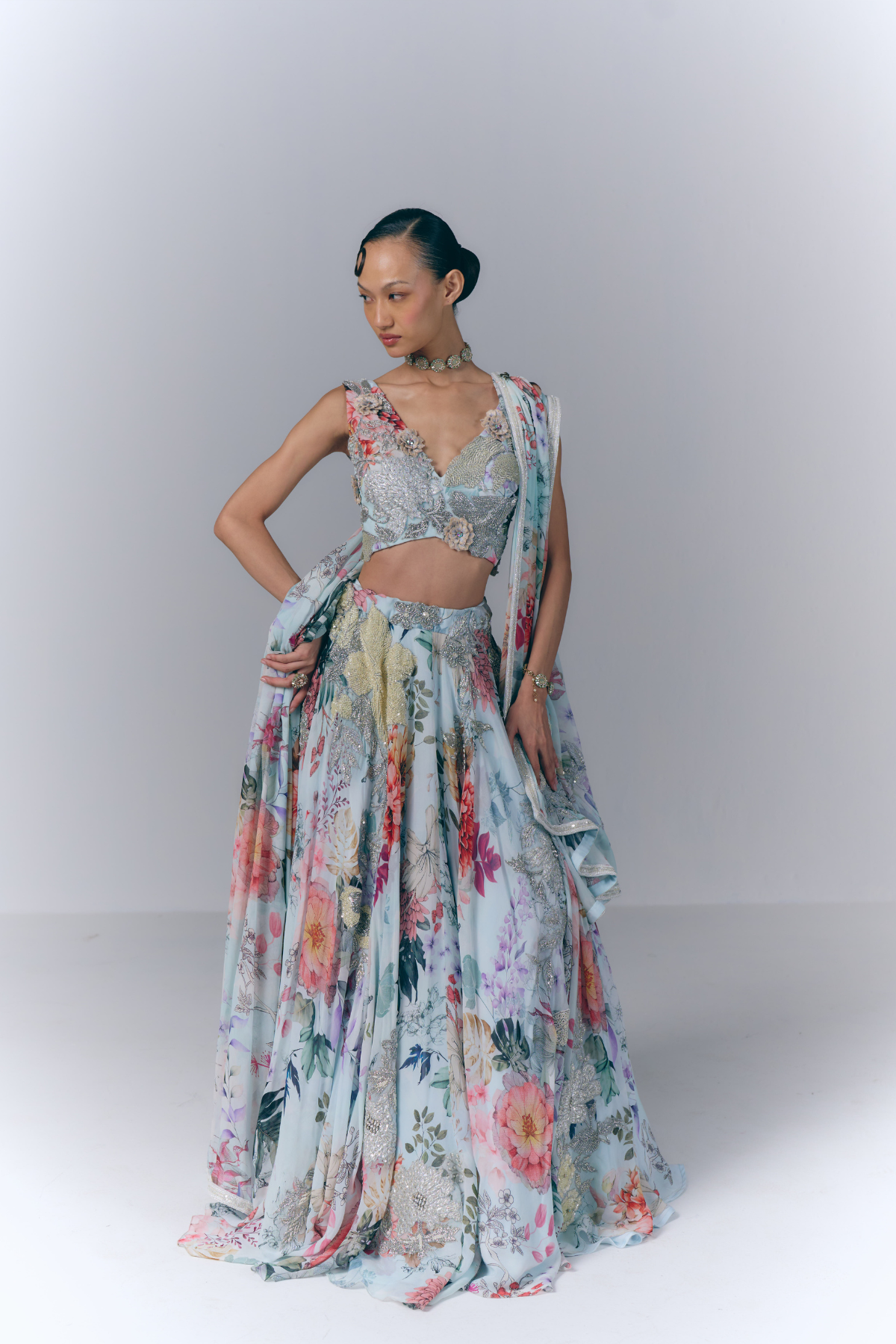 Ivory Aqua Bloom Lehenga Set