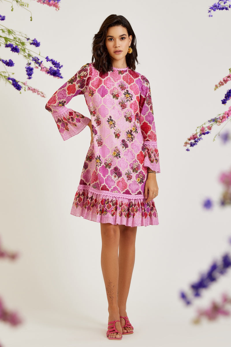 PINK MOROCCAN PRINT PURE COTTON LUREX A-LINE DRESS