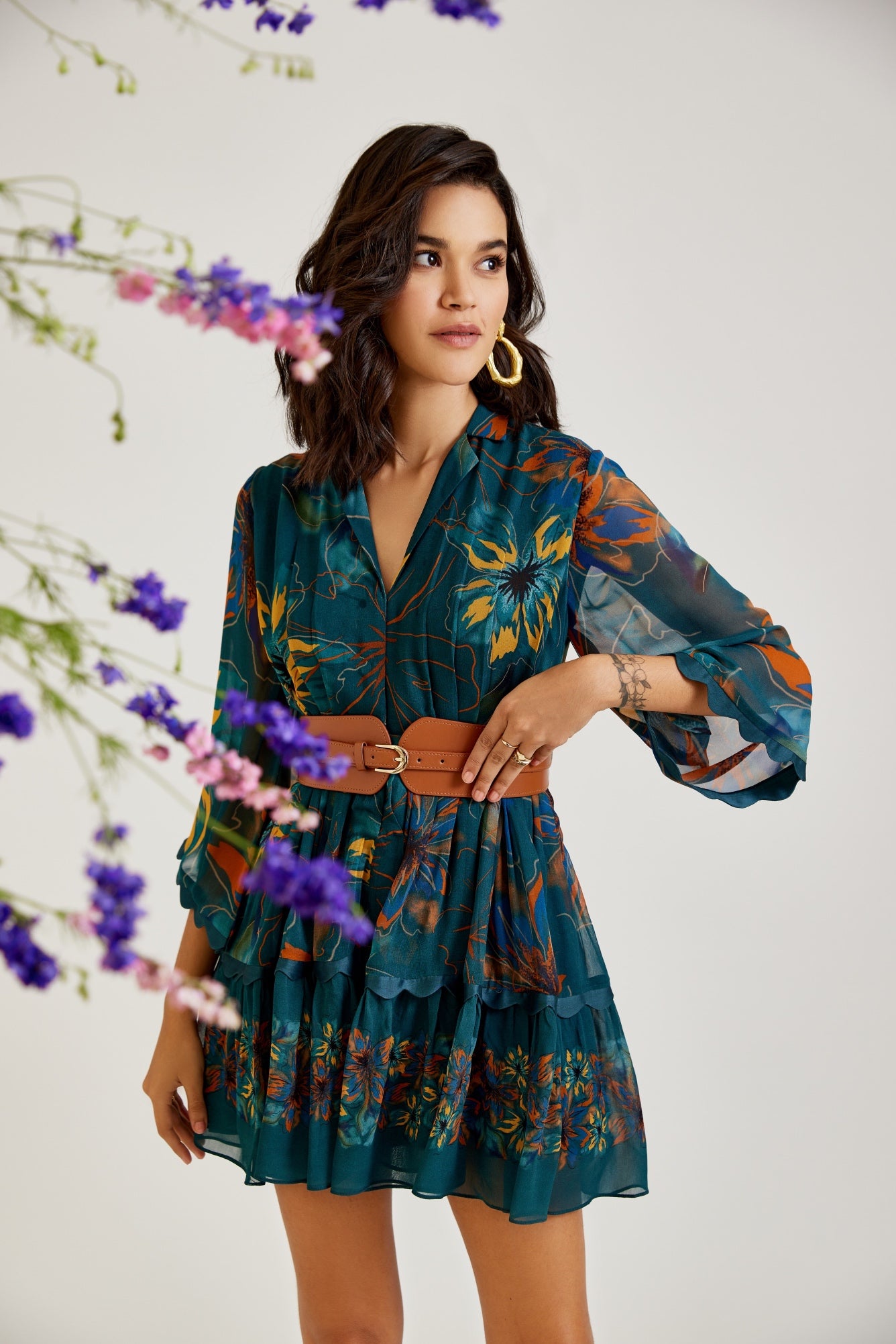 SUMMER FLOWER PRINT TEAL GEORGETTE SHORT TIERED DRESS