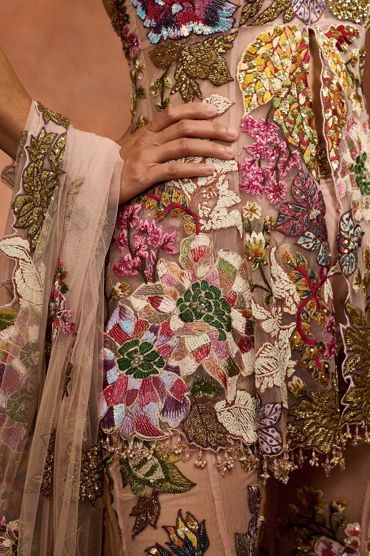 Peach Patchwork Peplum Sharara Set