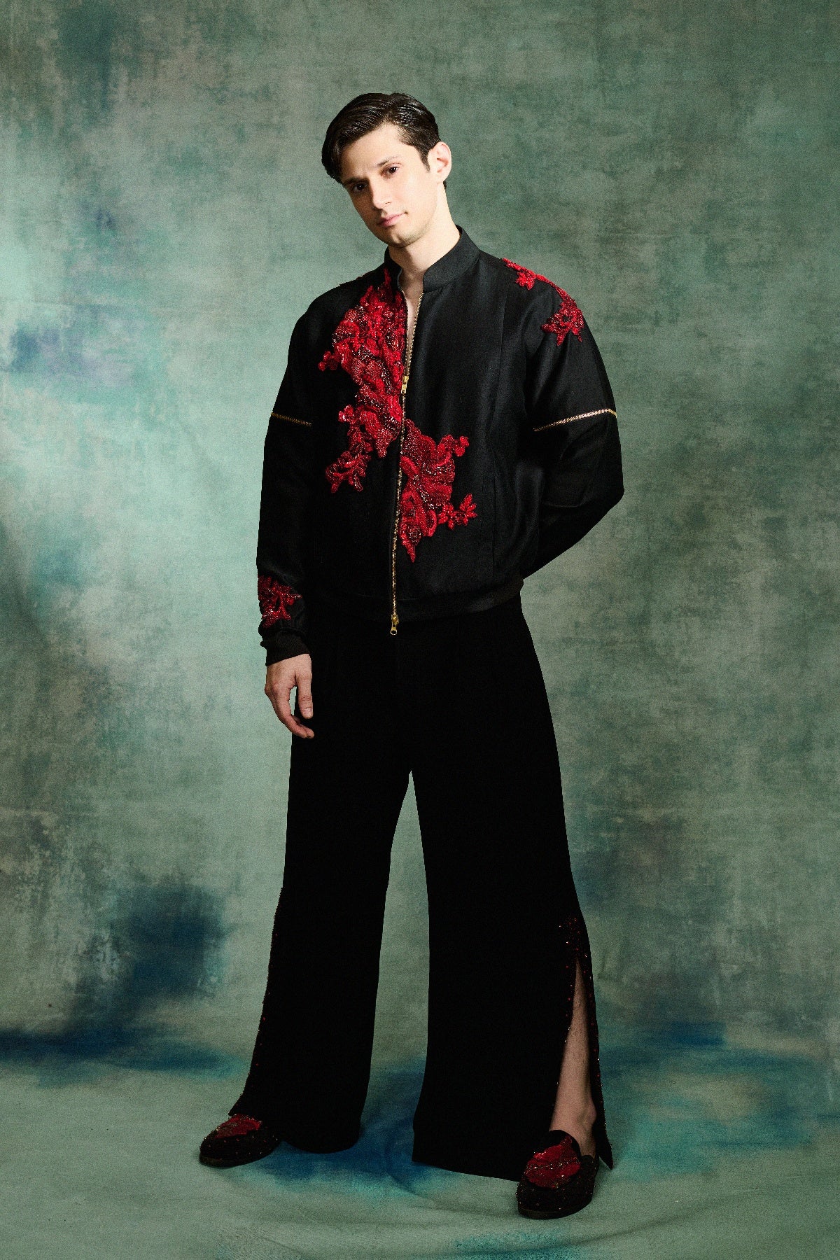 BLACK CHANDERI SILK BOMBER JACKET