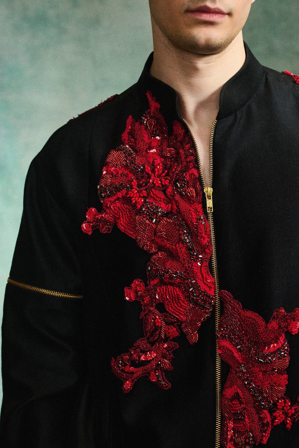 BLACK CHANDERI SILK BOMBER JACKET