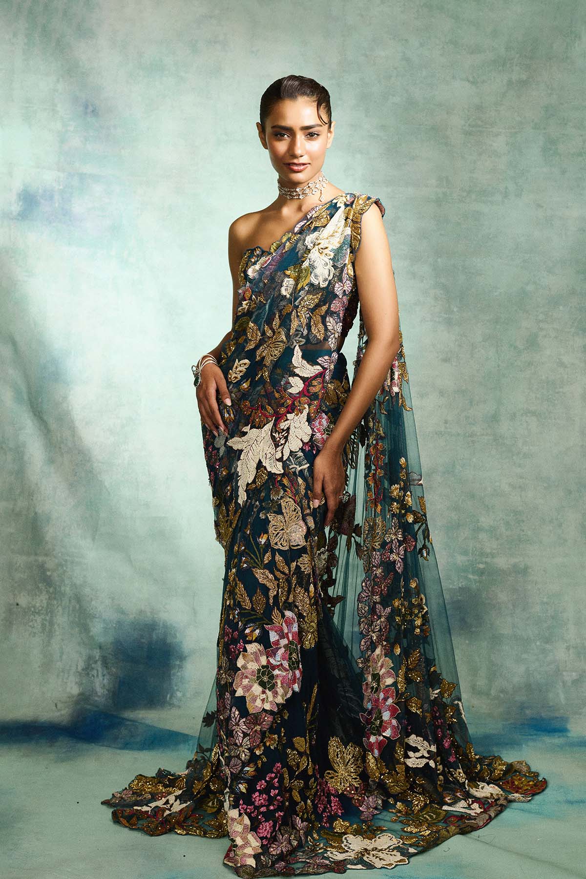 Ethereal Bloom Navy Blue Trail Saree