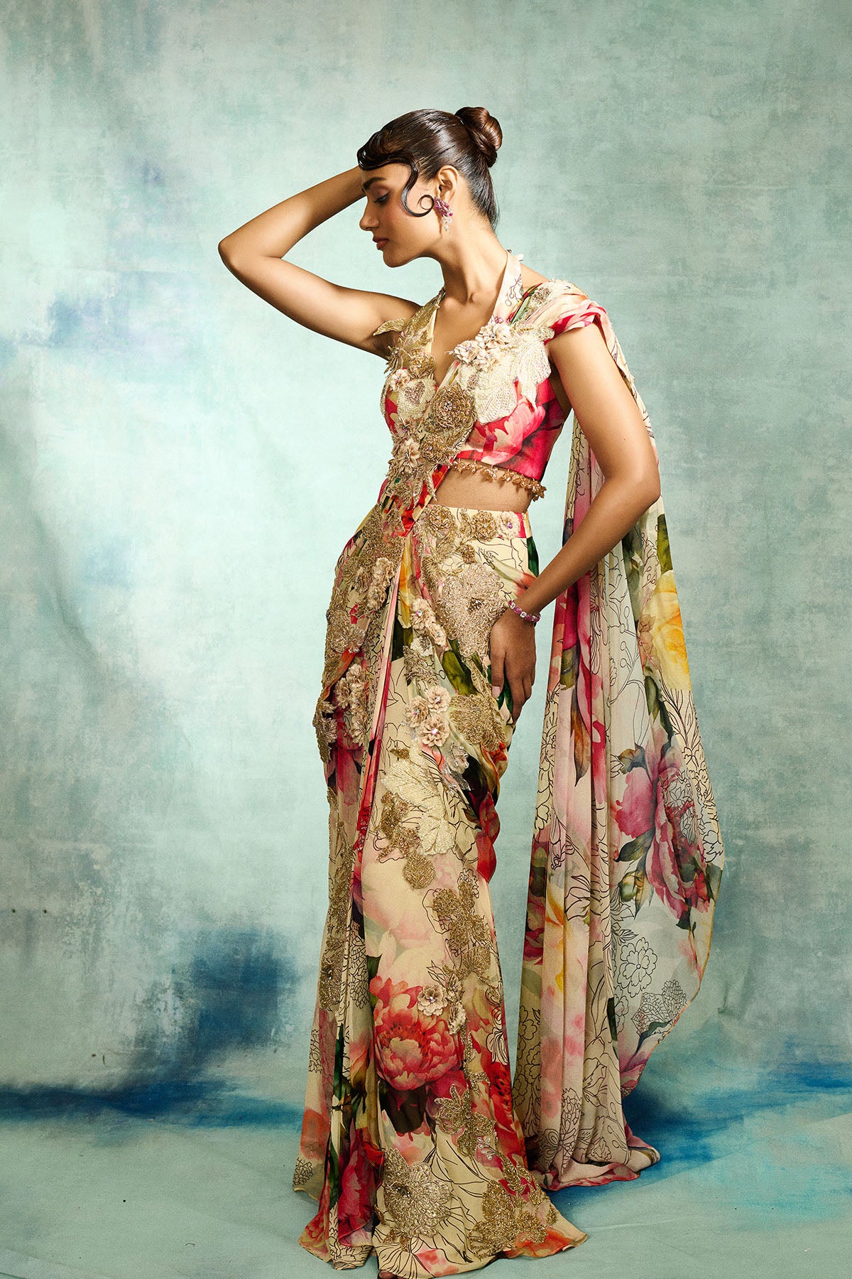 Multicolored Pre Draped Saree Set