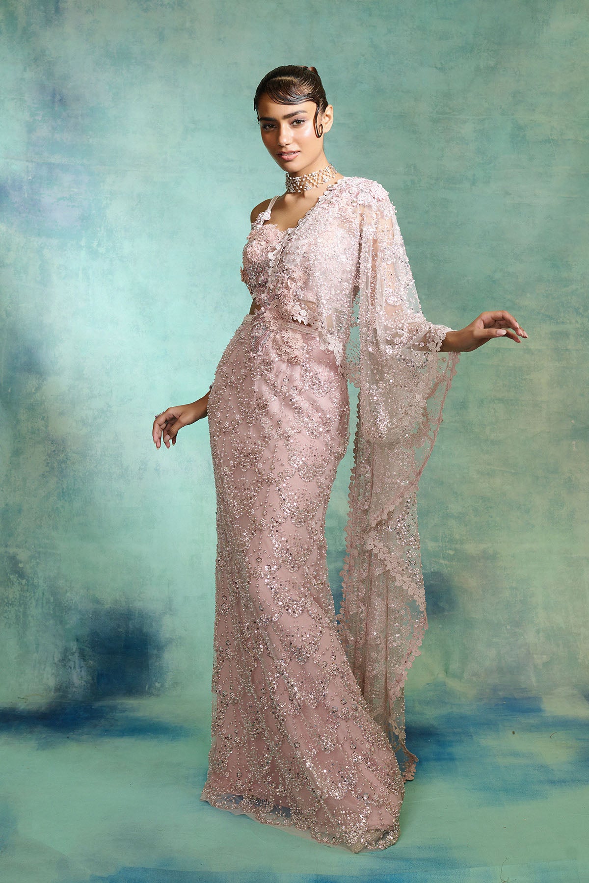 Pearl Pink Drape Saree