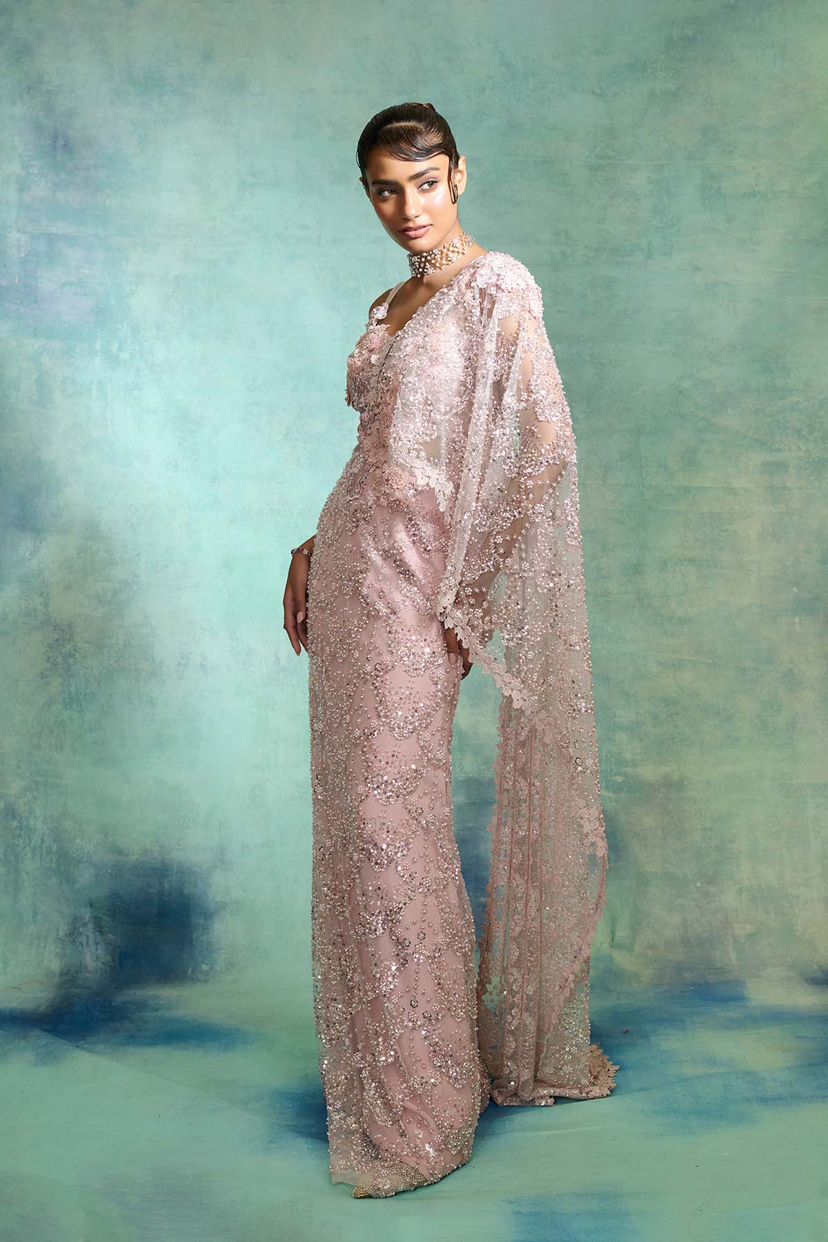 Pearl Pink Drape Saree