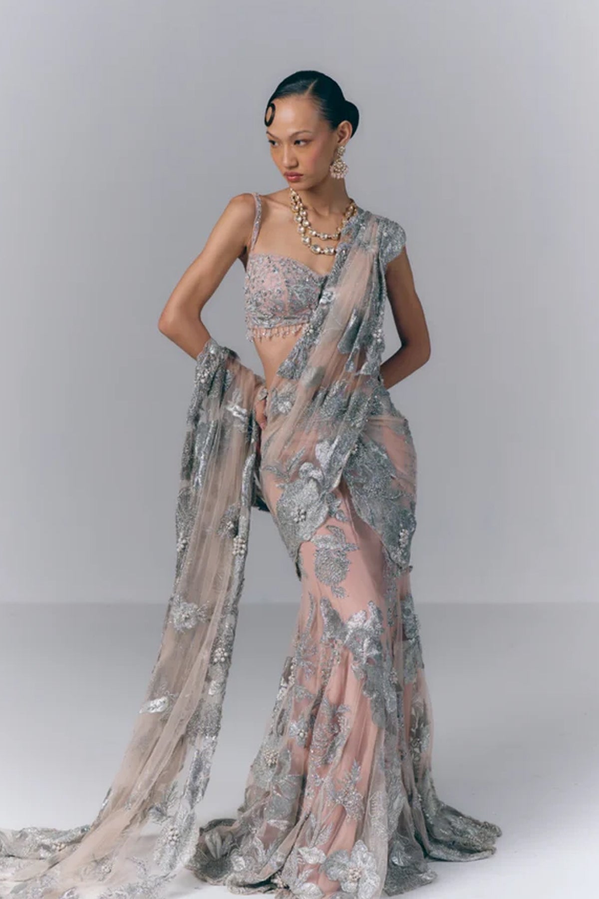 Noor Silver Drape Saree set
