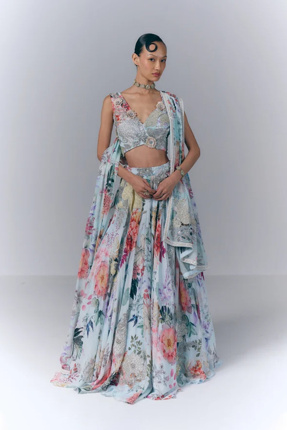 Ivory Aqua Bloom Lehenga Set