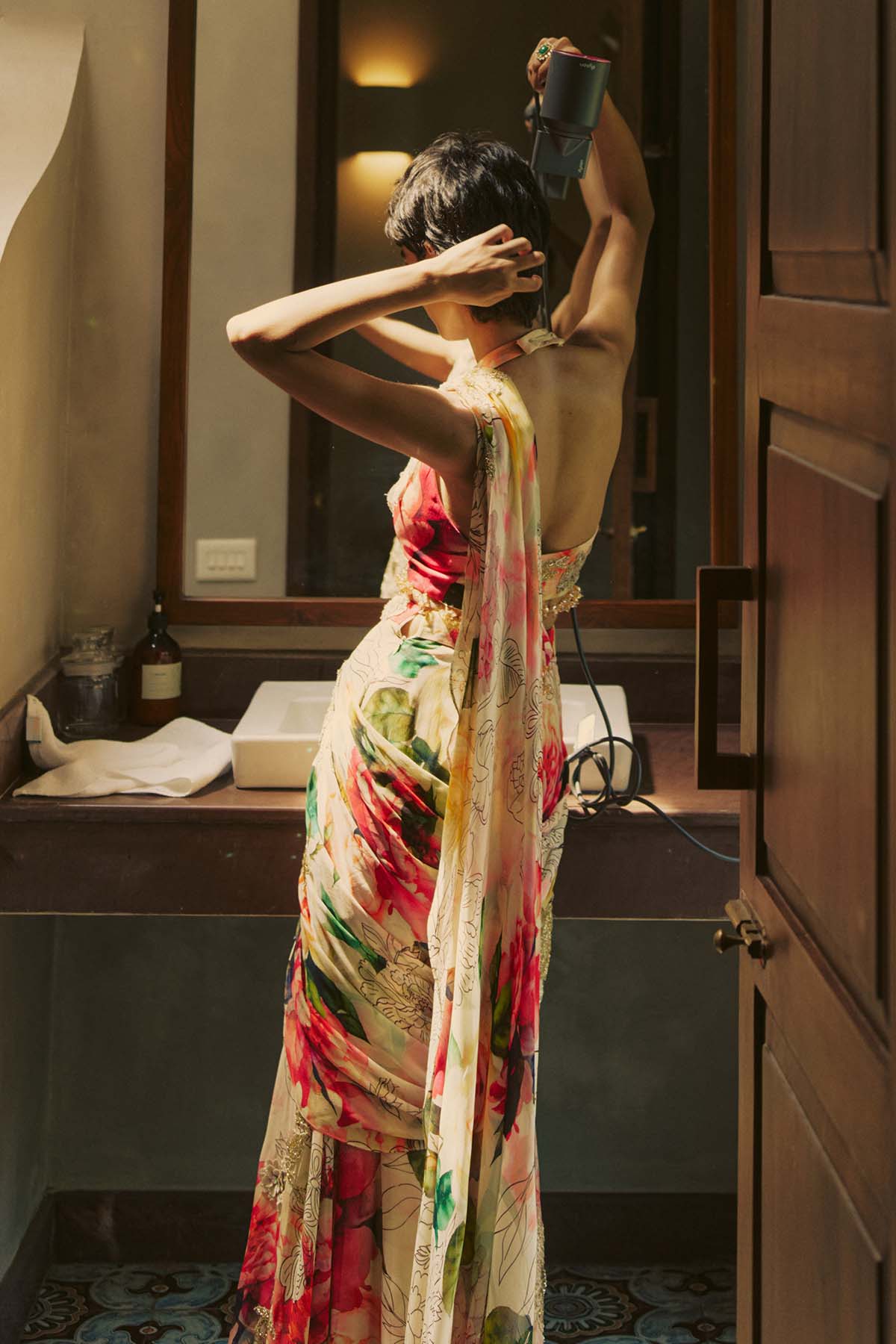 Multicolored Pre Draped Saree Set