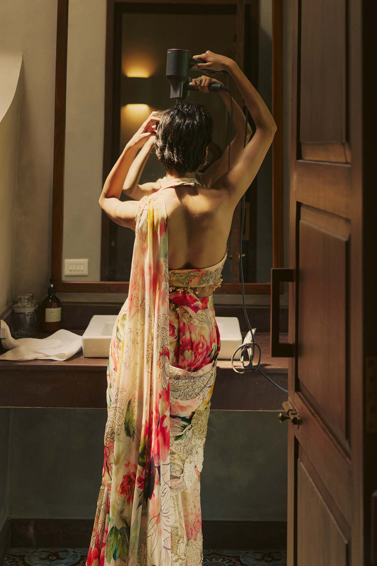 Multicolored Pre Draped Saree Set
