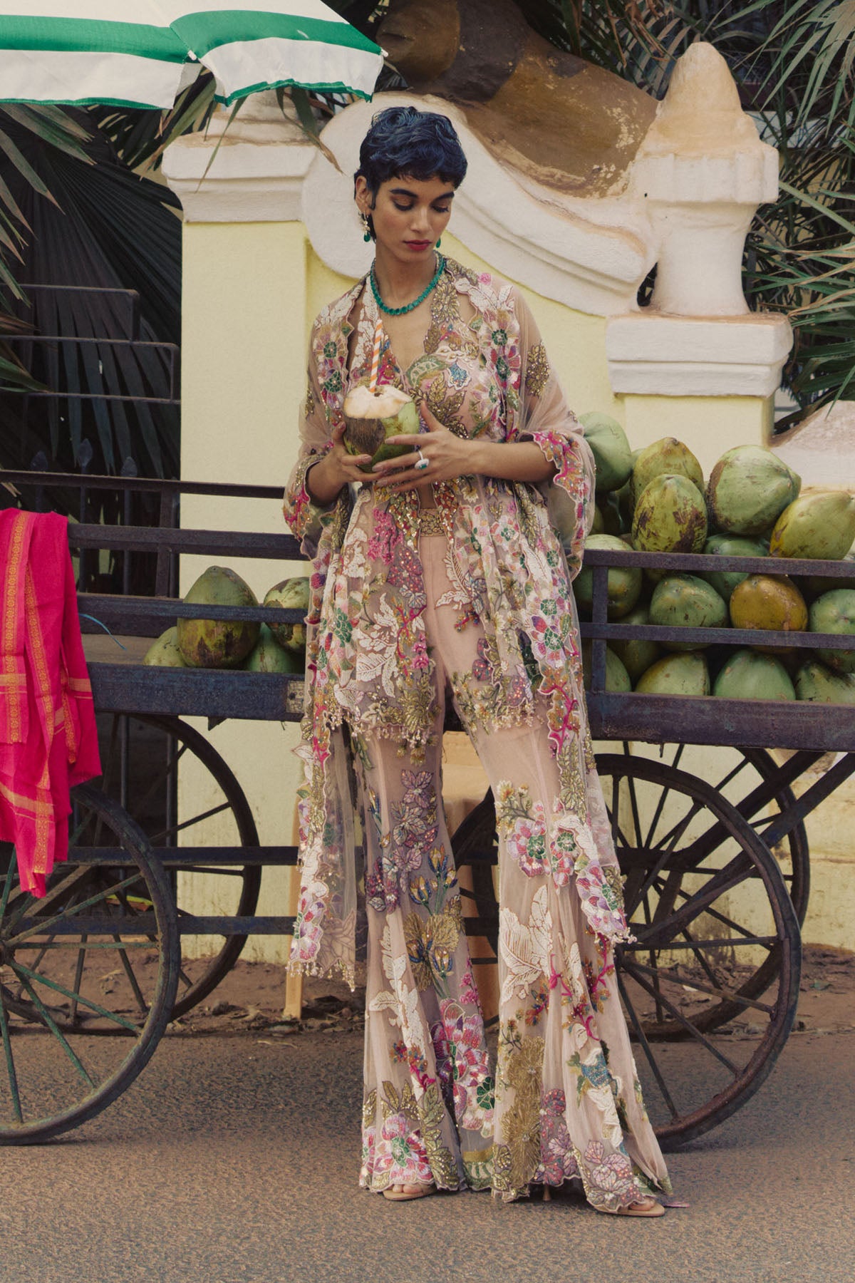 Peach Patchwork Peplum Sharara Set